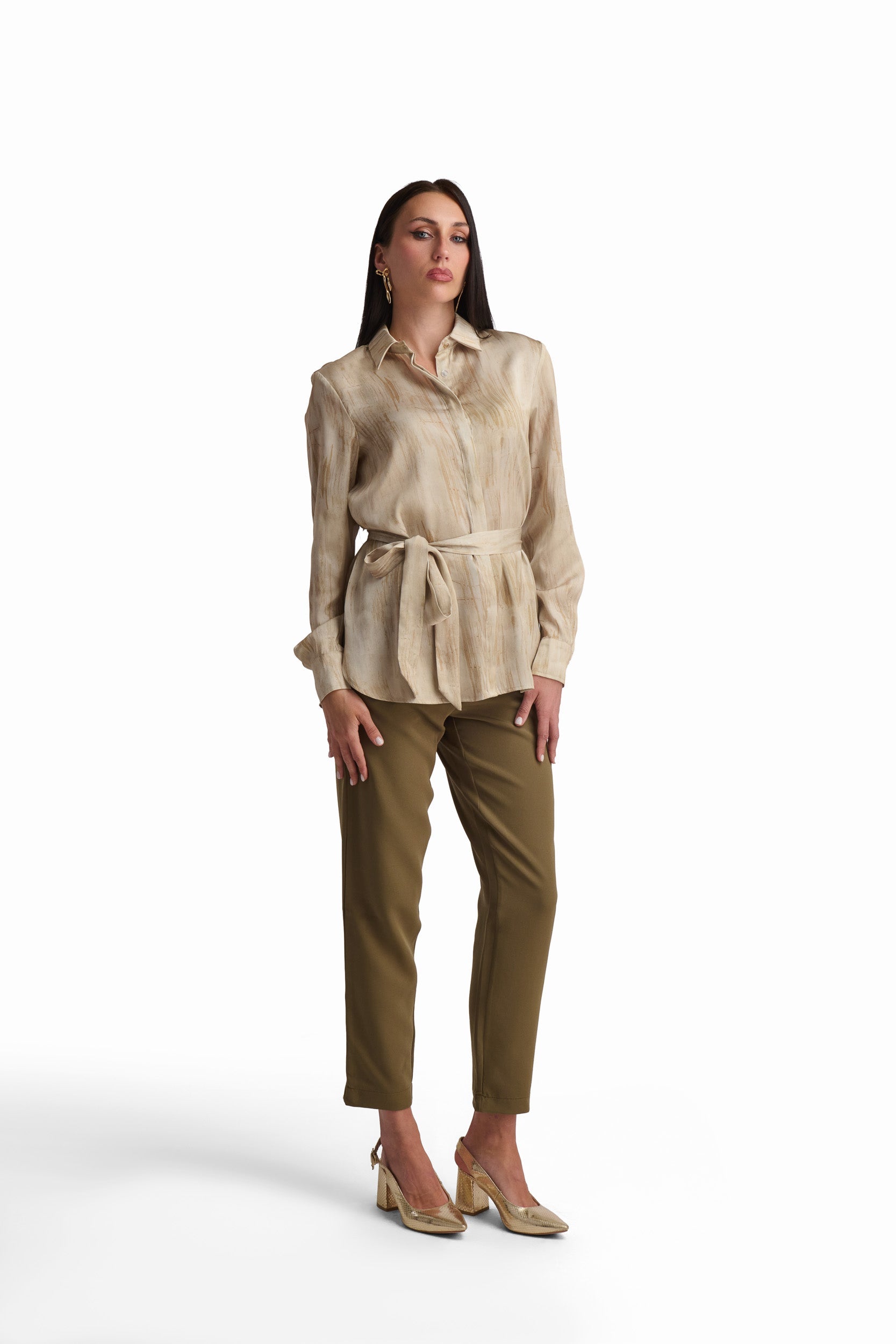 Golden Tie-Waist Satin Blouse