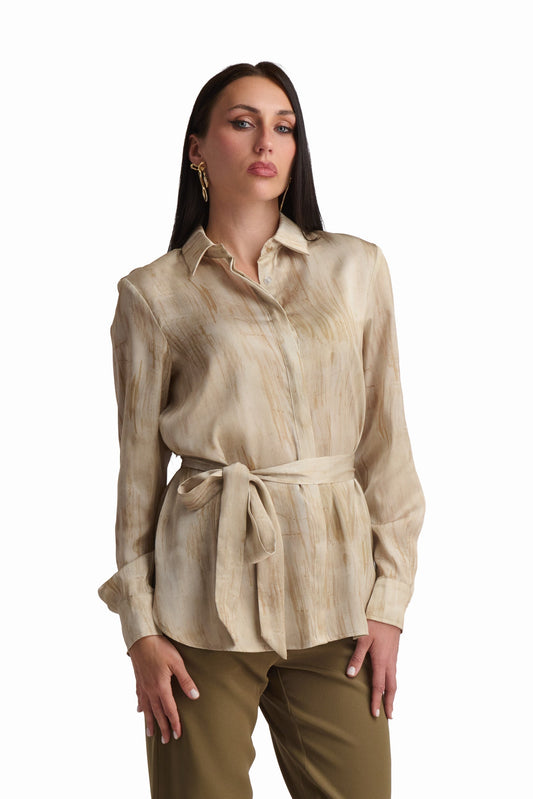 Golden Tie-Waist Satin Blouse