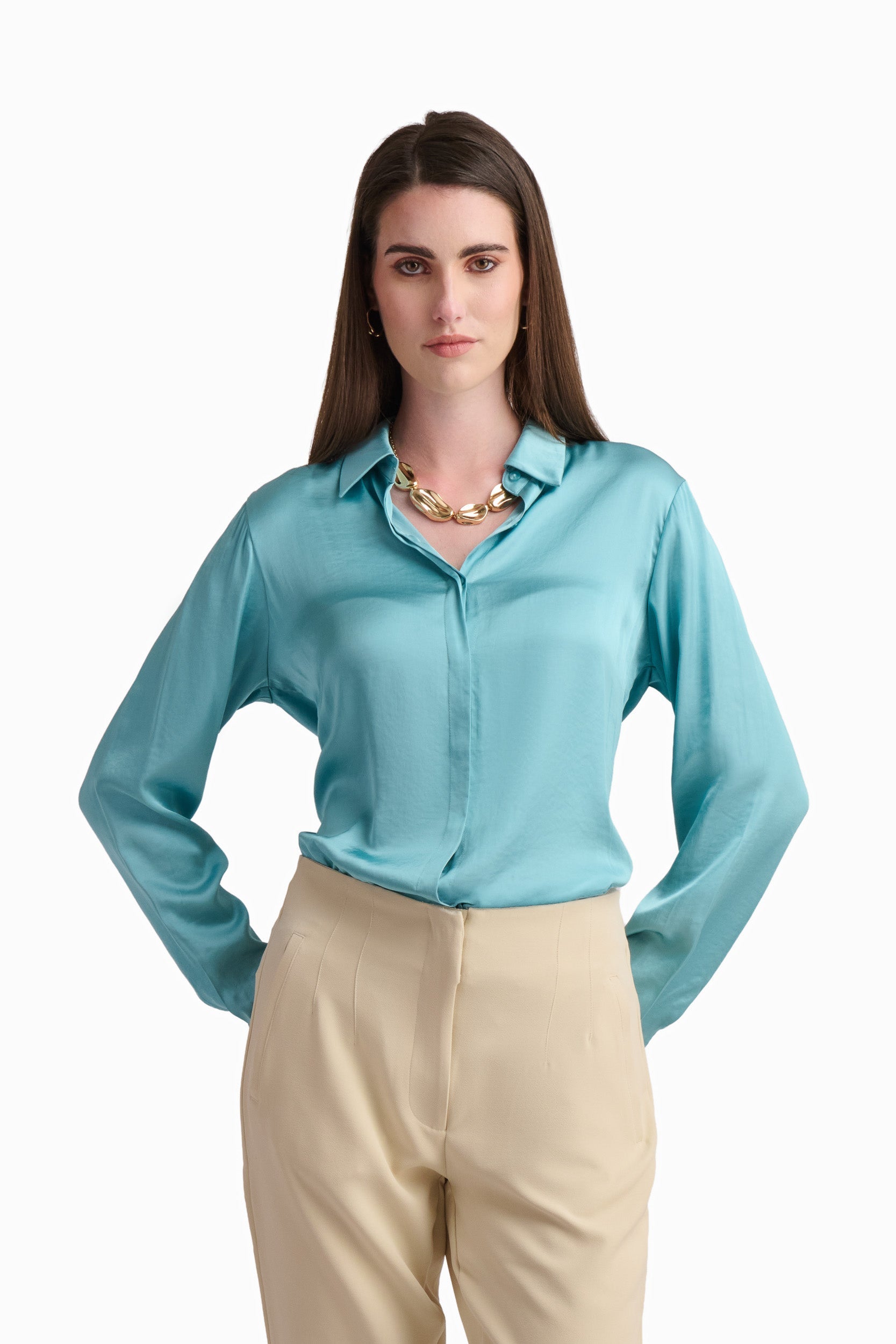 Silk-Touch Aqua Button-Up Blouse