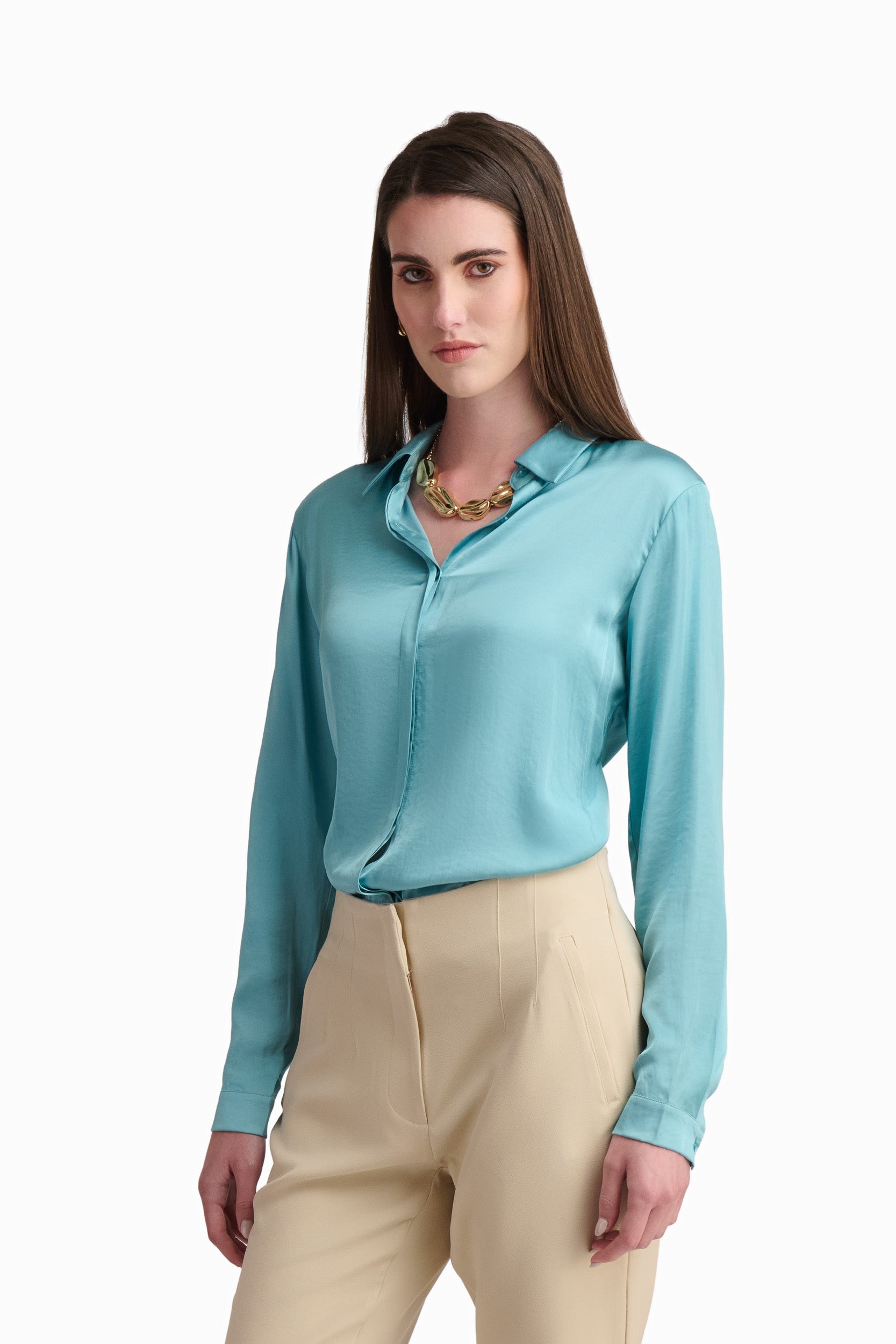 Silk-Touch Aqua Button-Up Blouse