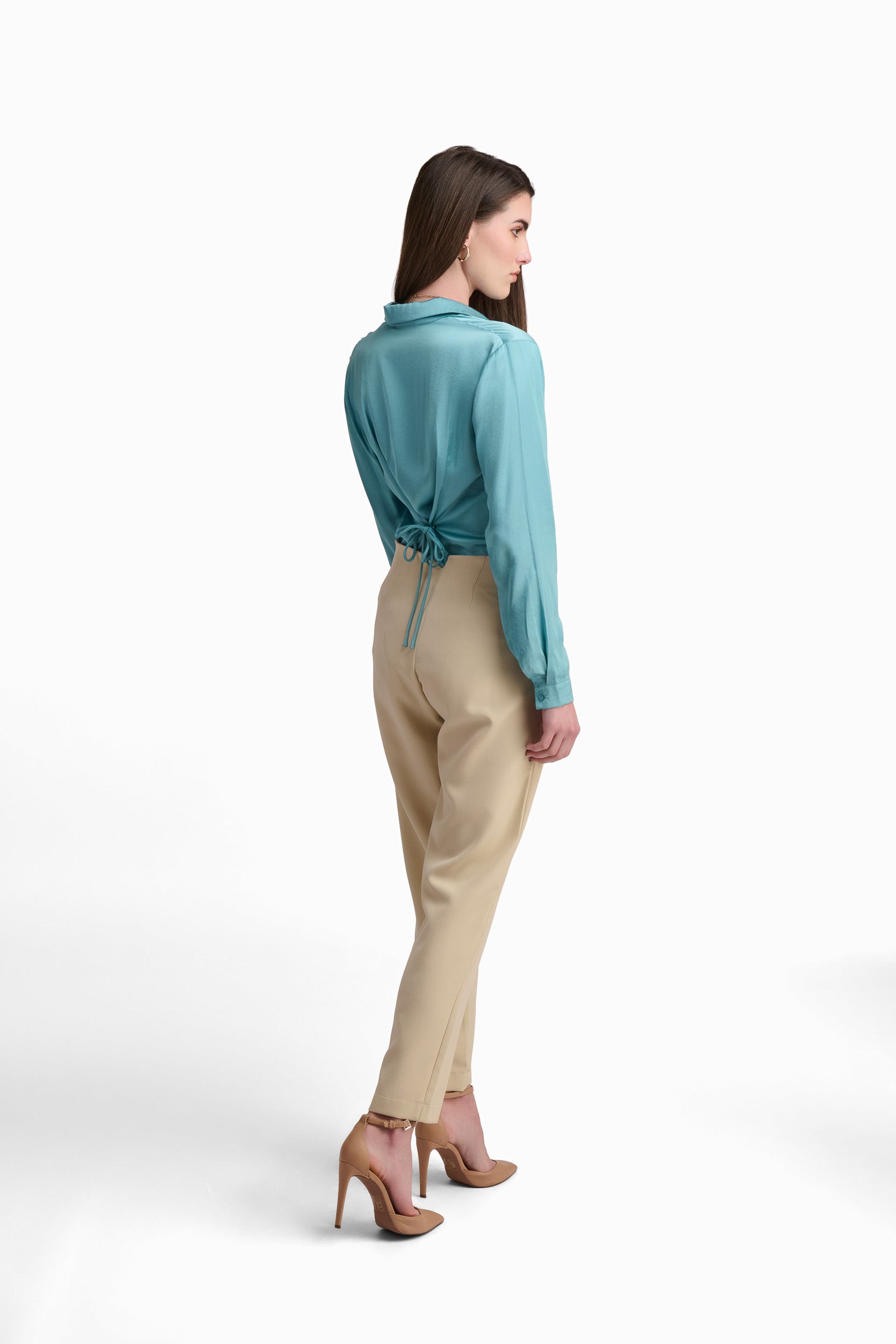 Silk-Touch Aqua Button-Up Blouse