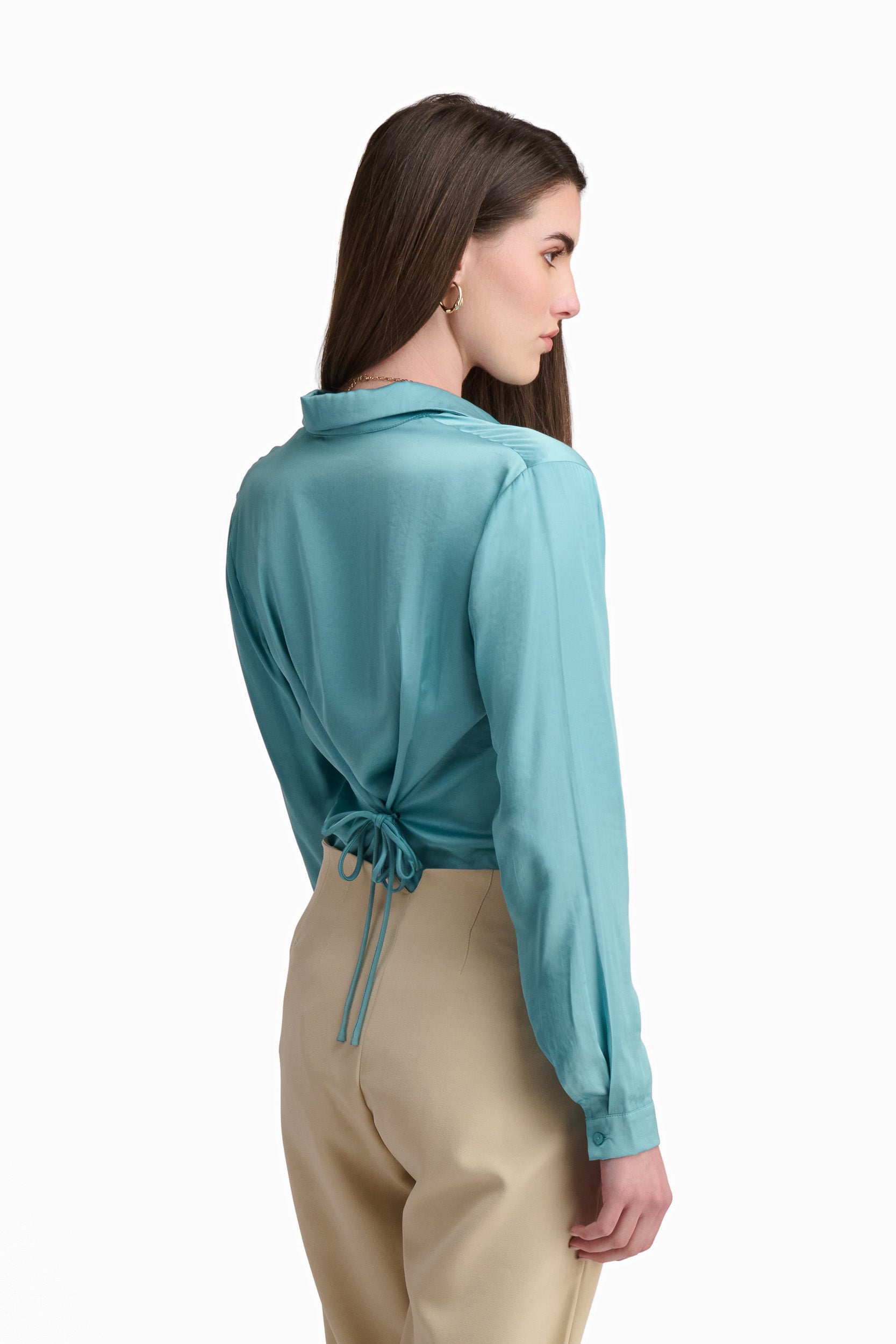Silk-Touch Aqua Button-Up Blouse