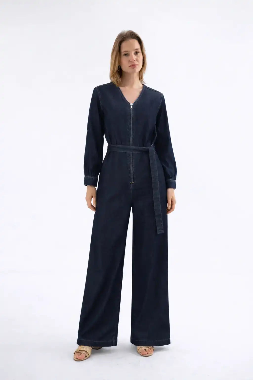 Belted Denim Wide-Leg Jumpsuit