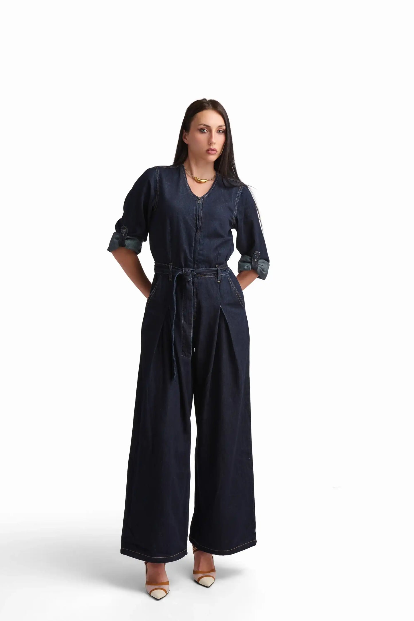 Belted Denim Wide-Leg Jumpsuit