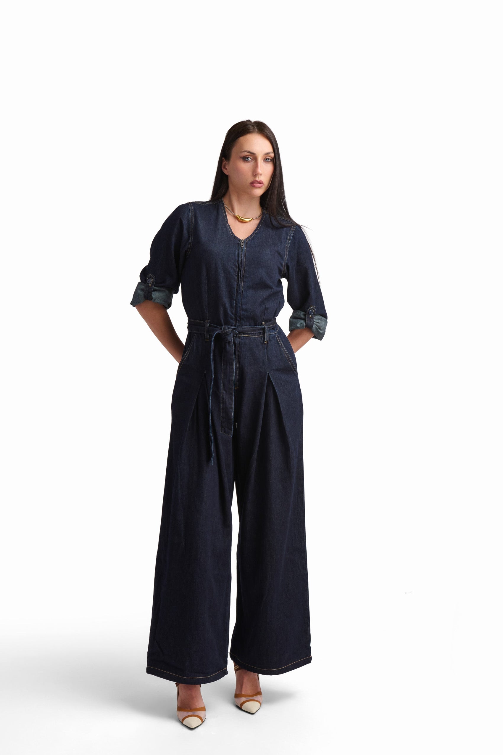 Belted Denim Wide-Leg Jumpsuit