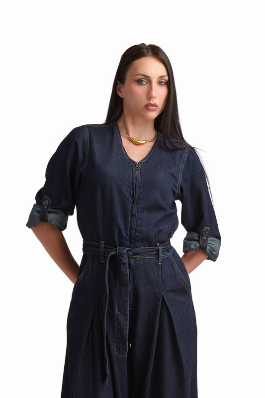 Belted Denim Wide-Leg Jumpsuit