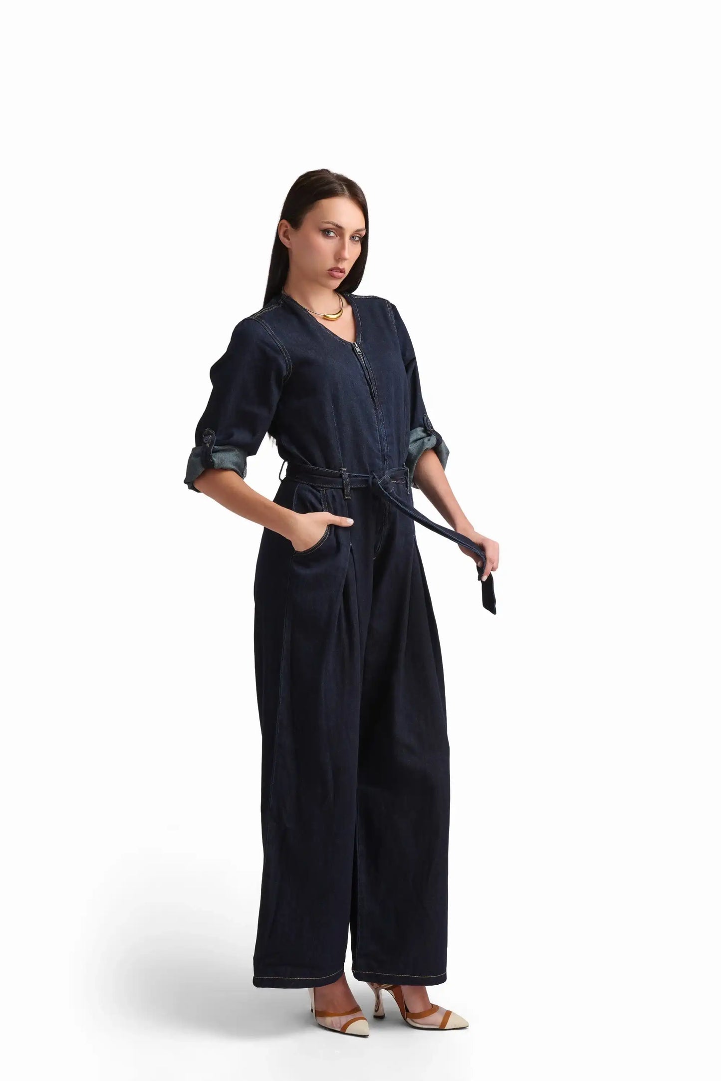 Belted Denim Wide-Leg Jumpsuit