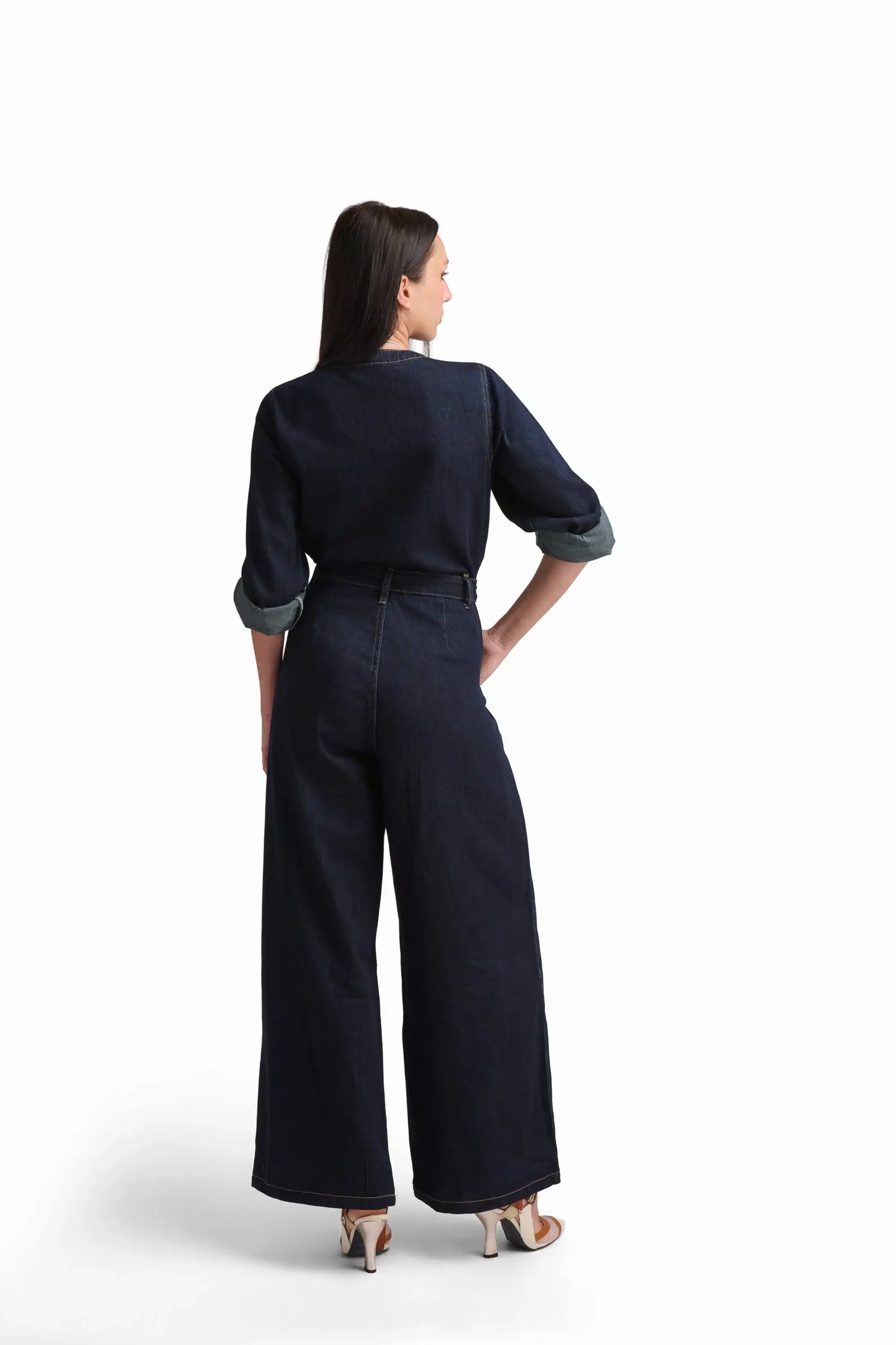 Belted Denim Wide-Leg Jumpsuit