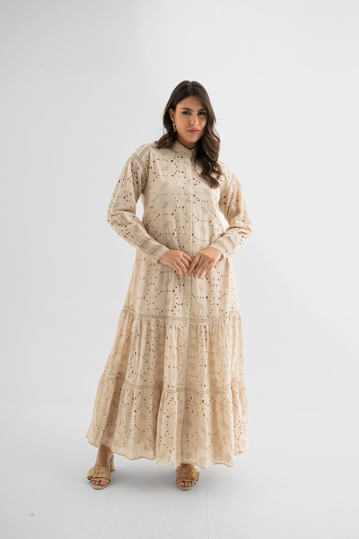 Vintage Inspired Embroidered Maxi – Cream Eyelet Dress