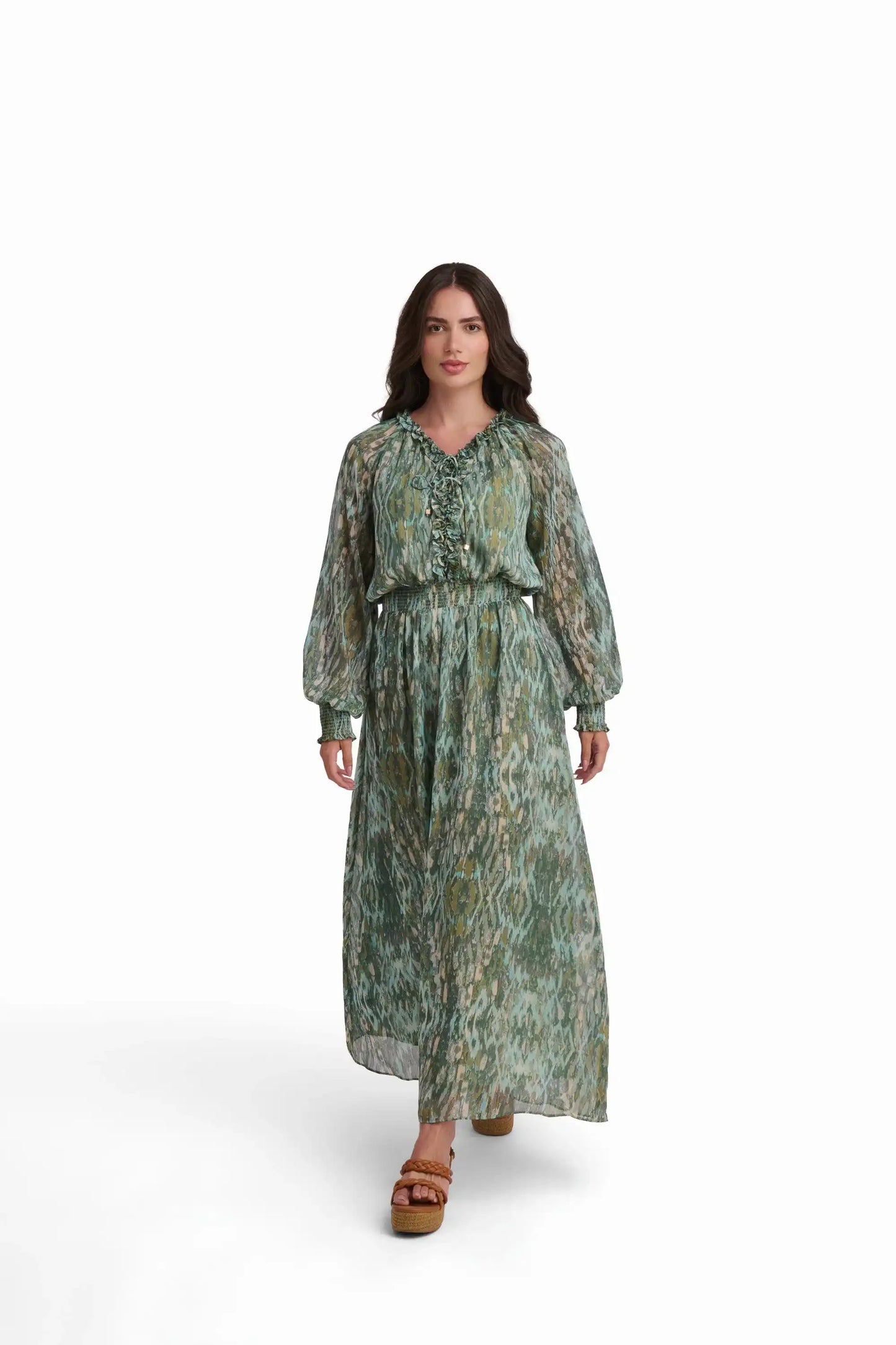 Deep Emerald Ruffle-Detail Maxi Dress