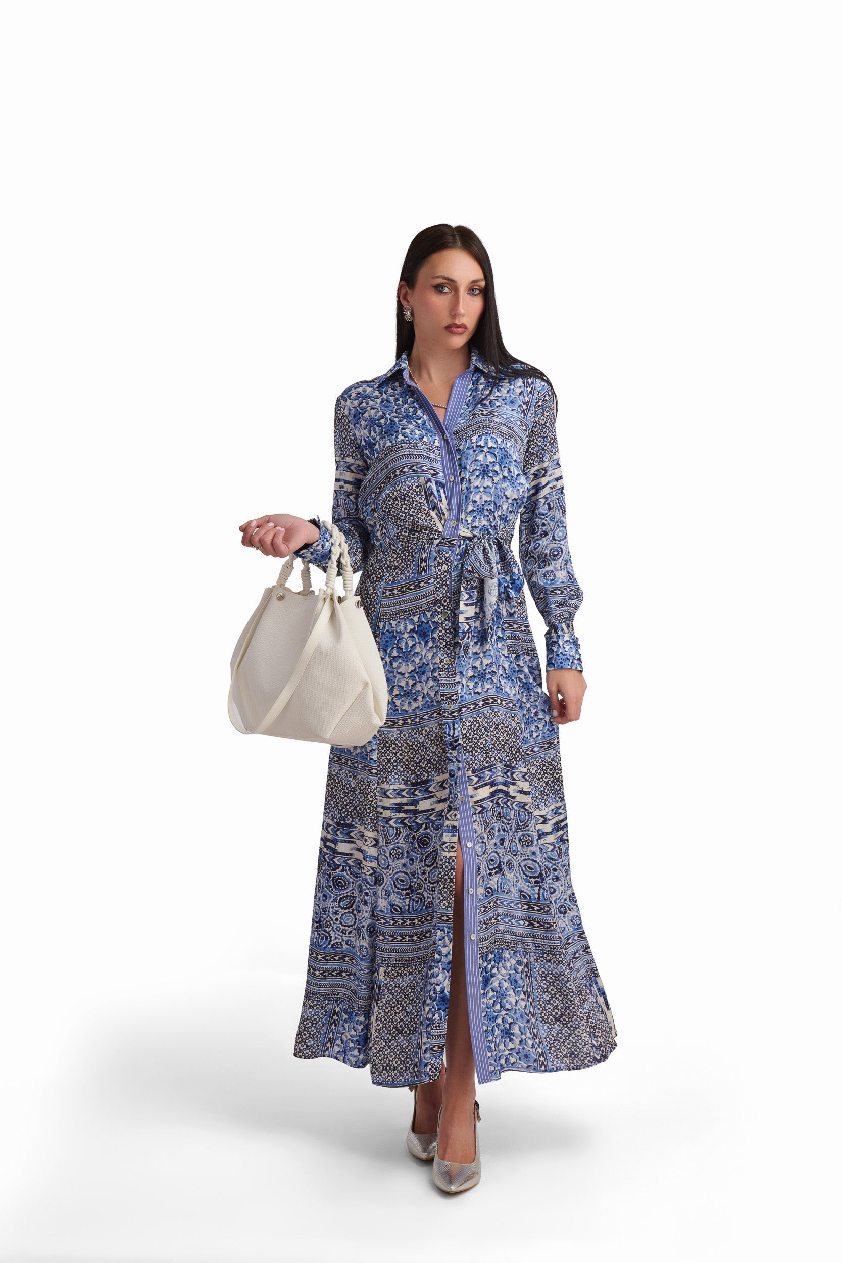 Blue Patchwork Print Viscose Maxi Dress
