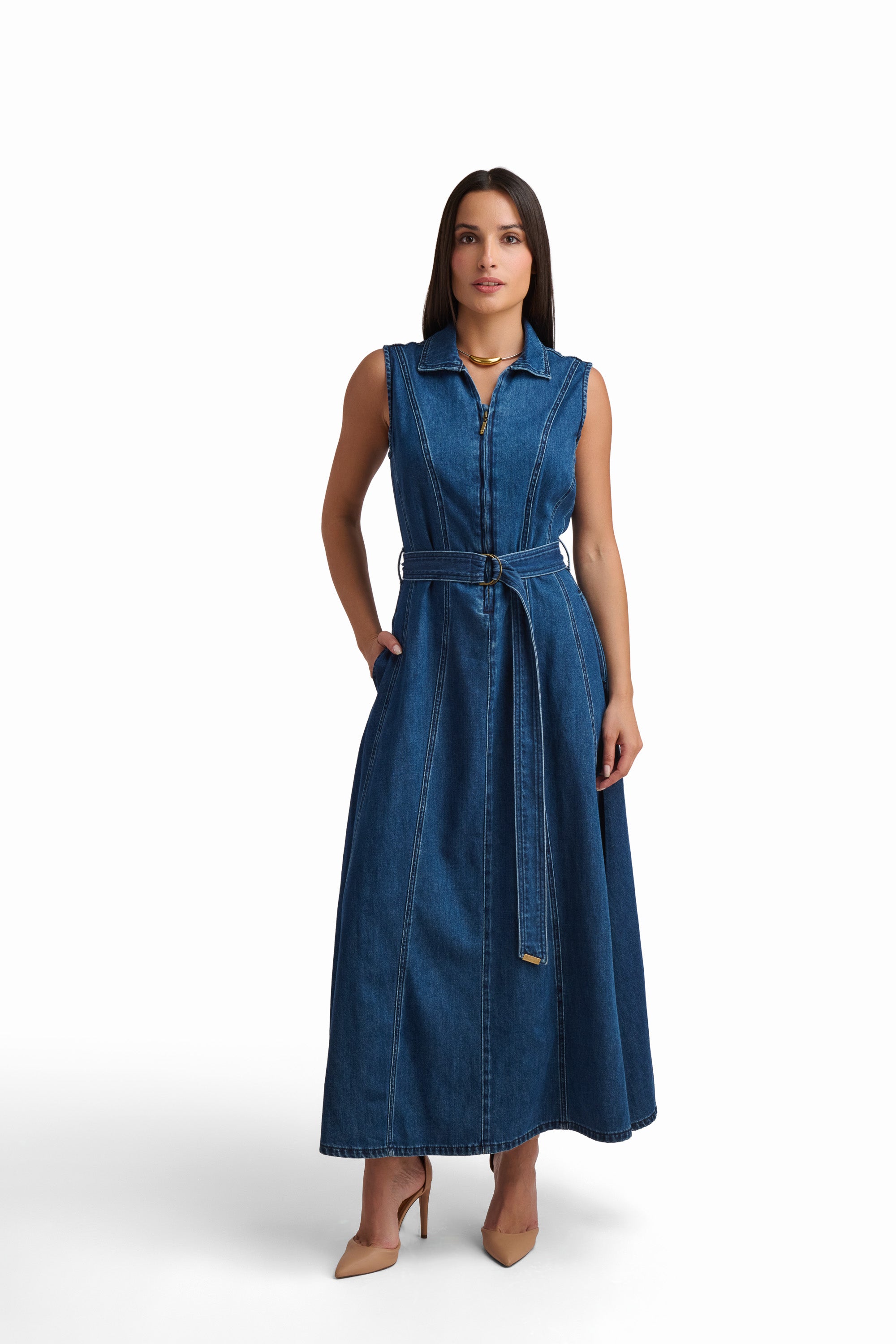 Indigo Belted Denim Maxi Dress