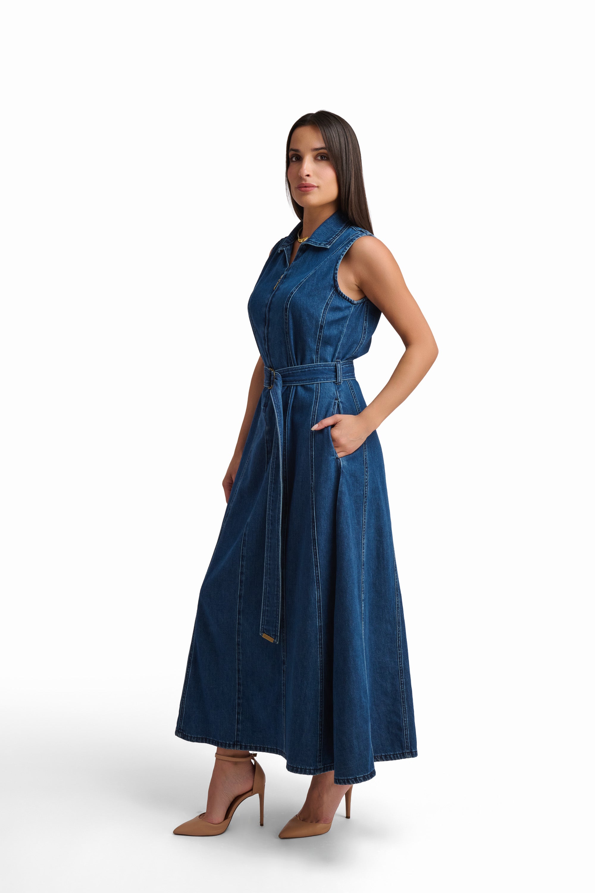Indigo Belted Denim Maxi Dress