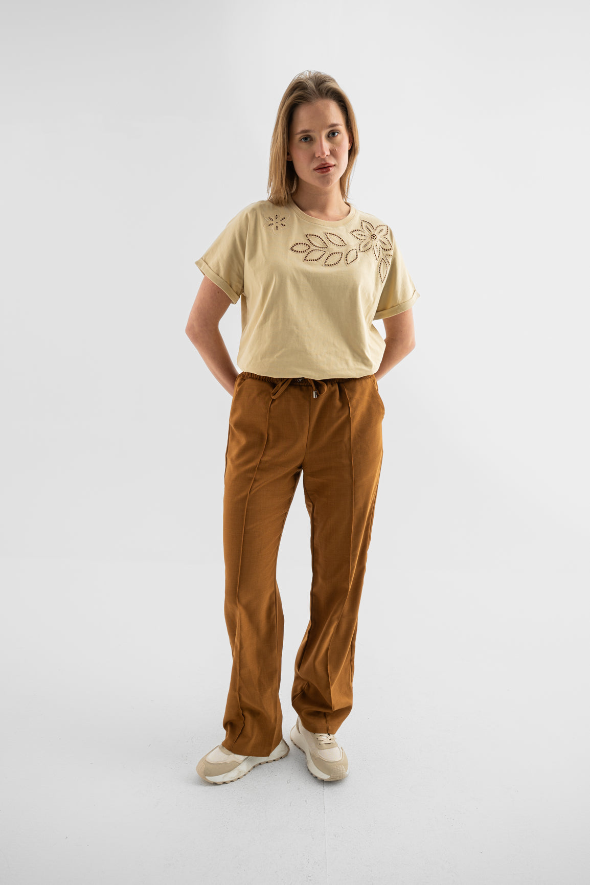 Wide-Leg Polyester Pants - Camel