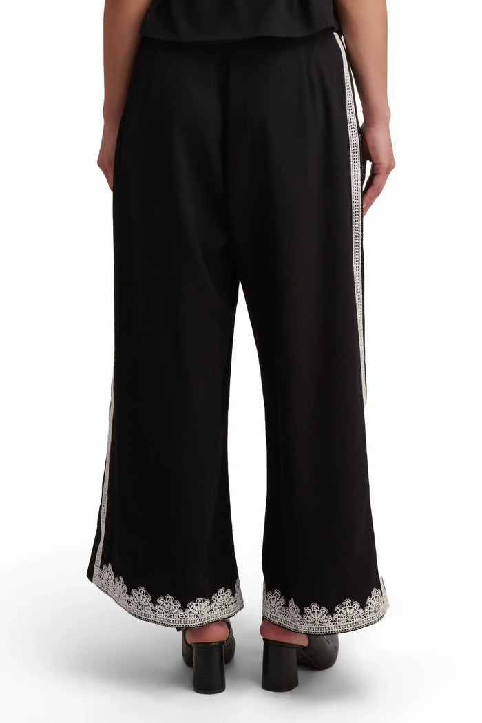Black Wide-Leg Trousers with Lace Detail
