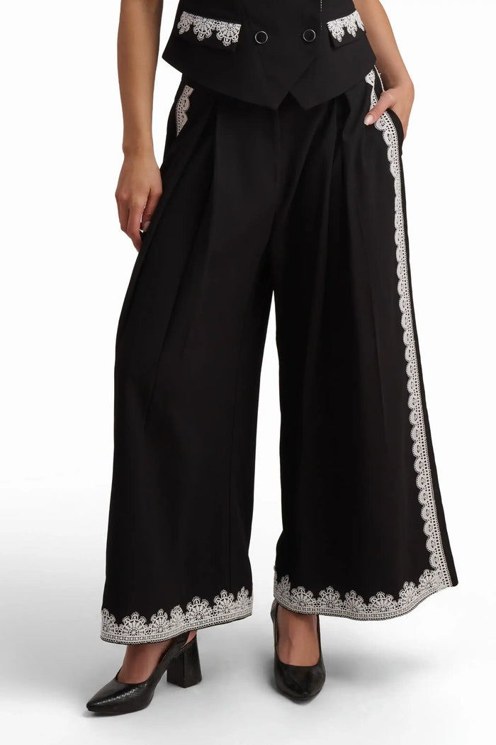Black Wide-Leg Trousers with Lace Detail