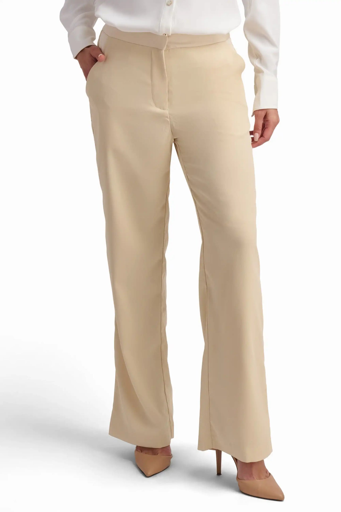 Beige High-Waisted Wide-Leg Trousers