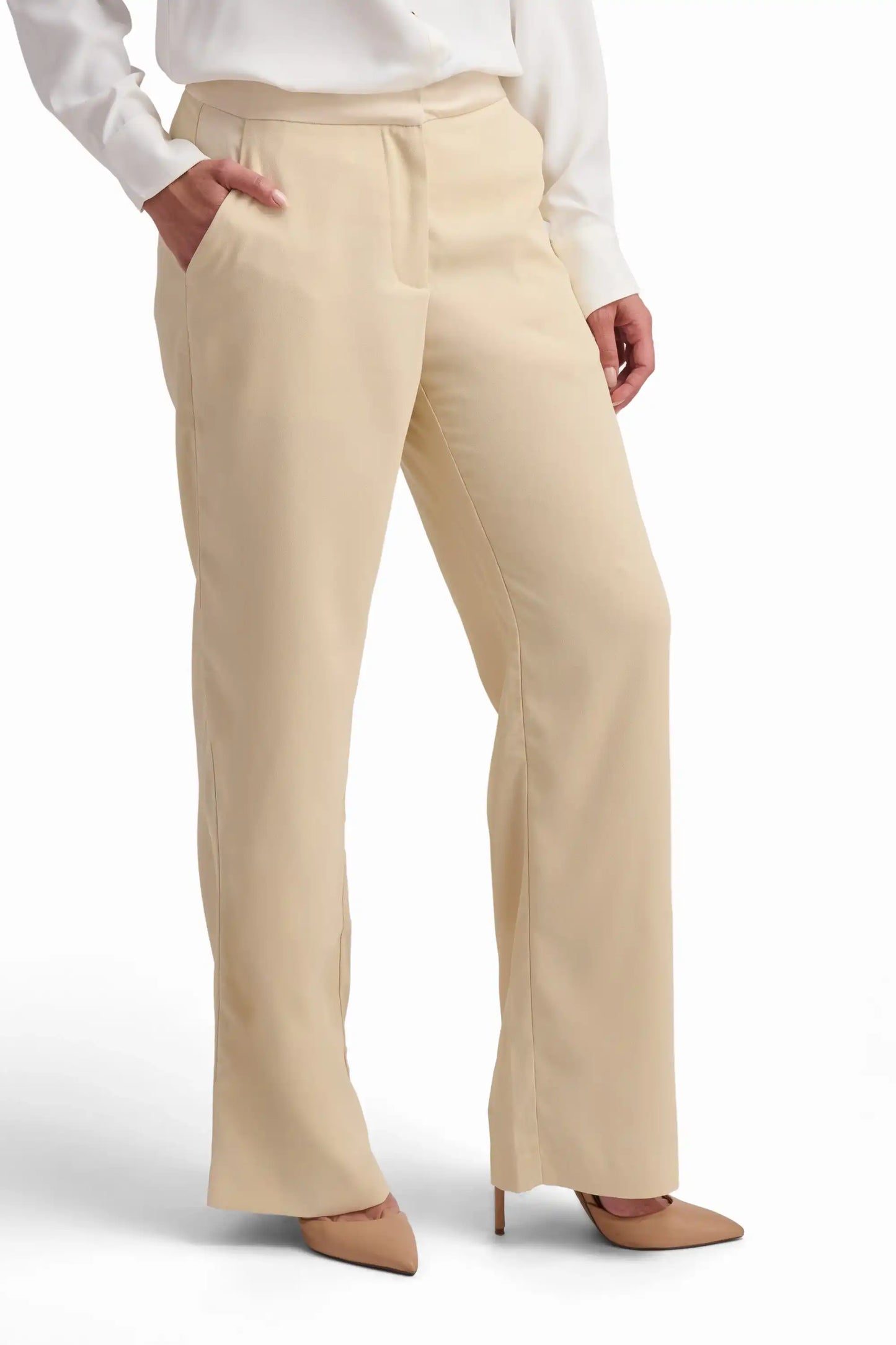 Beige High-Waisted Wide-Leg Trousers