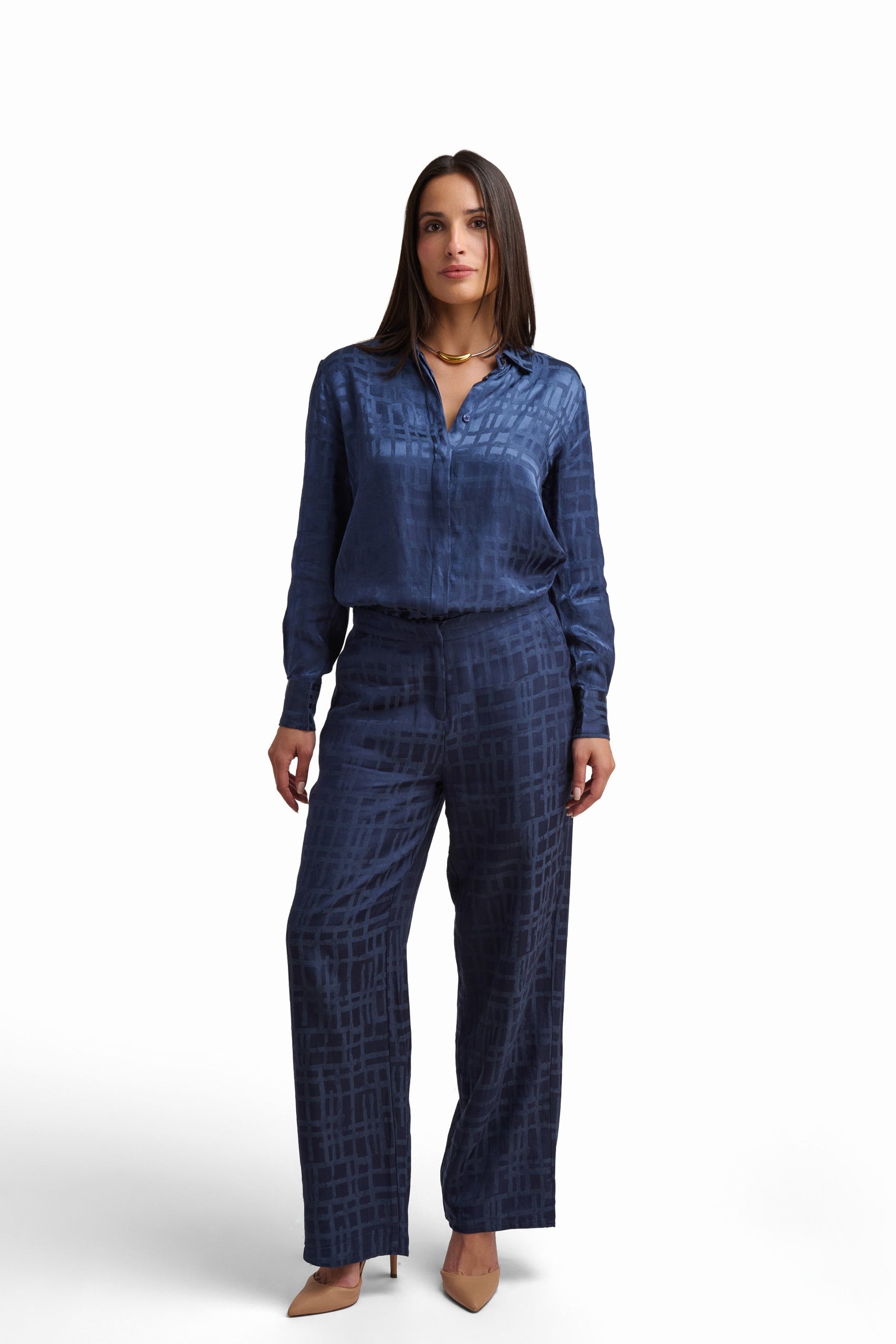 Blue Textured Wide-Leg Trousers