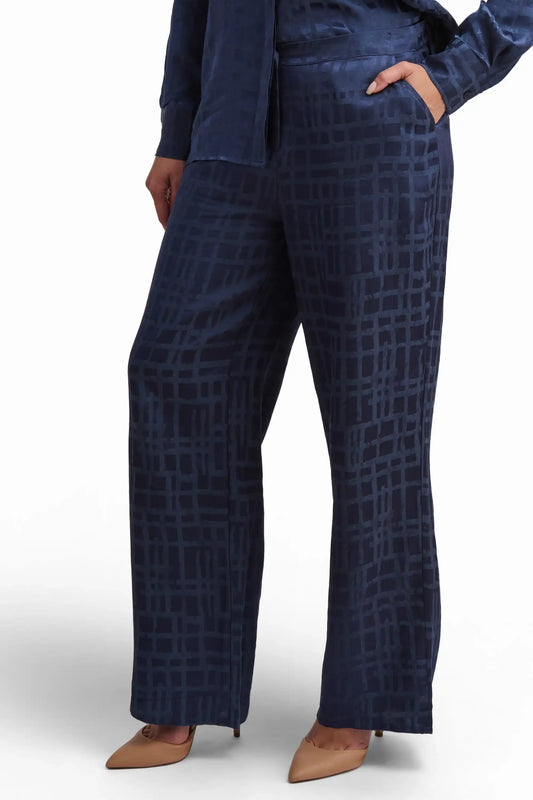 Navy Patterned Linen-Blend Pants