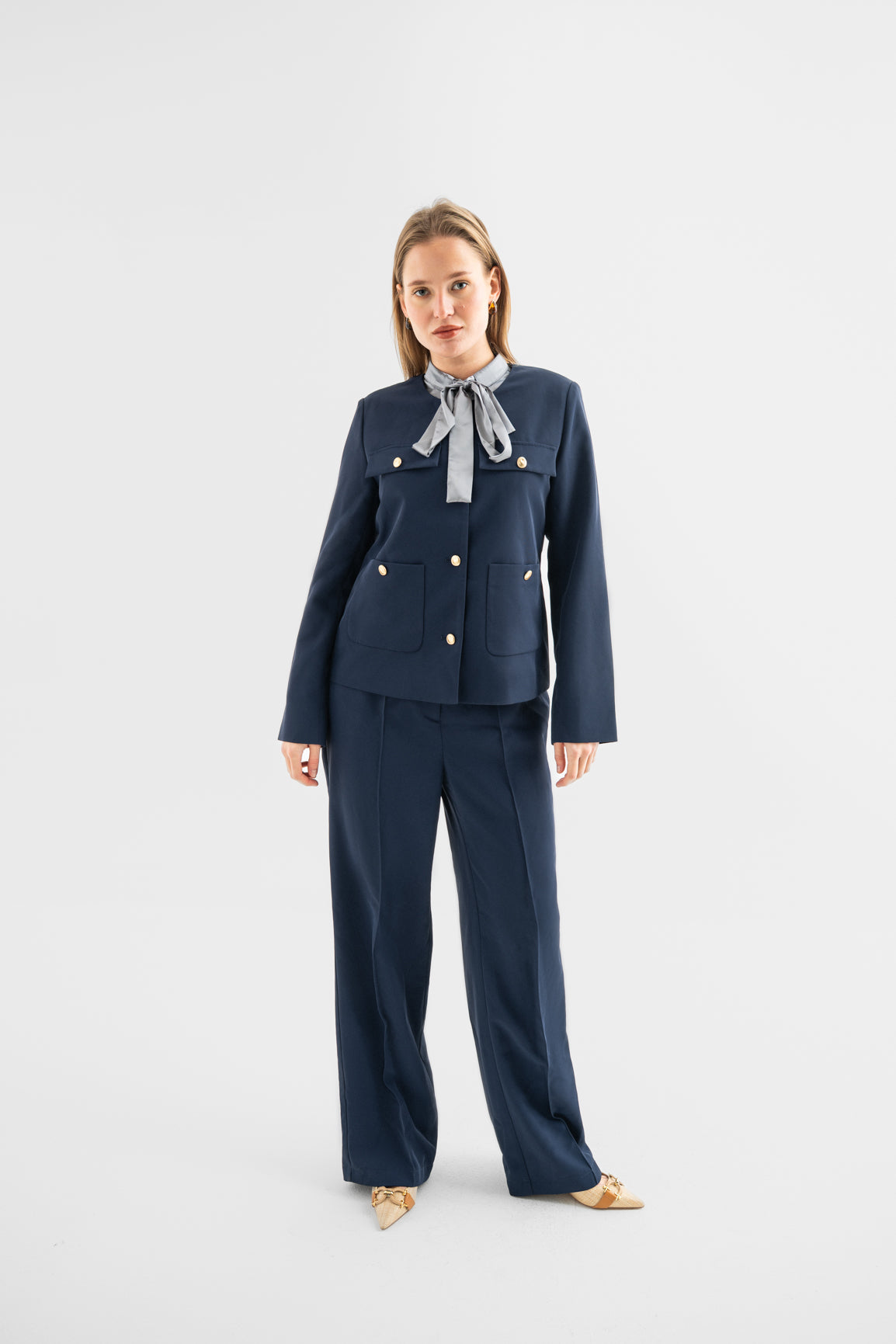 Navy High-Waisted Wide-Leg Trousers