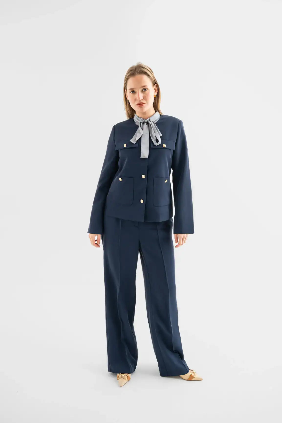 Navy High-Waisted Wide-Leg Trousers