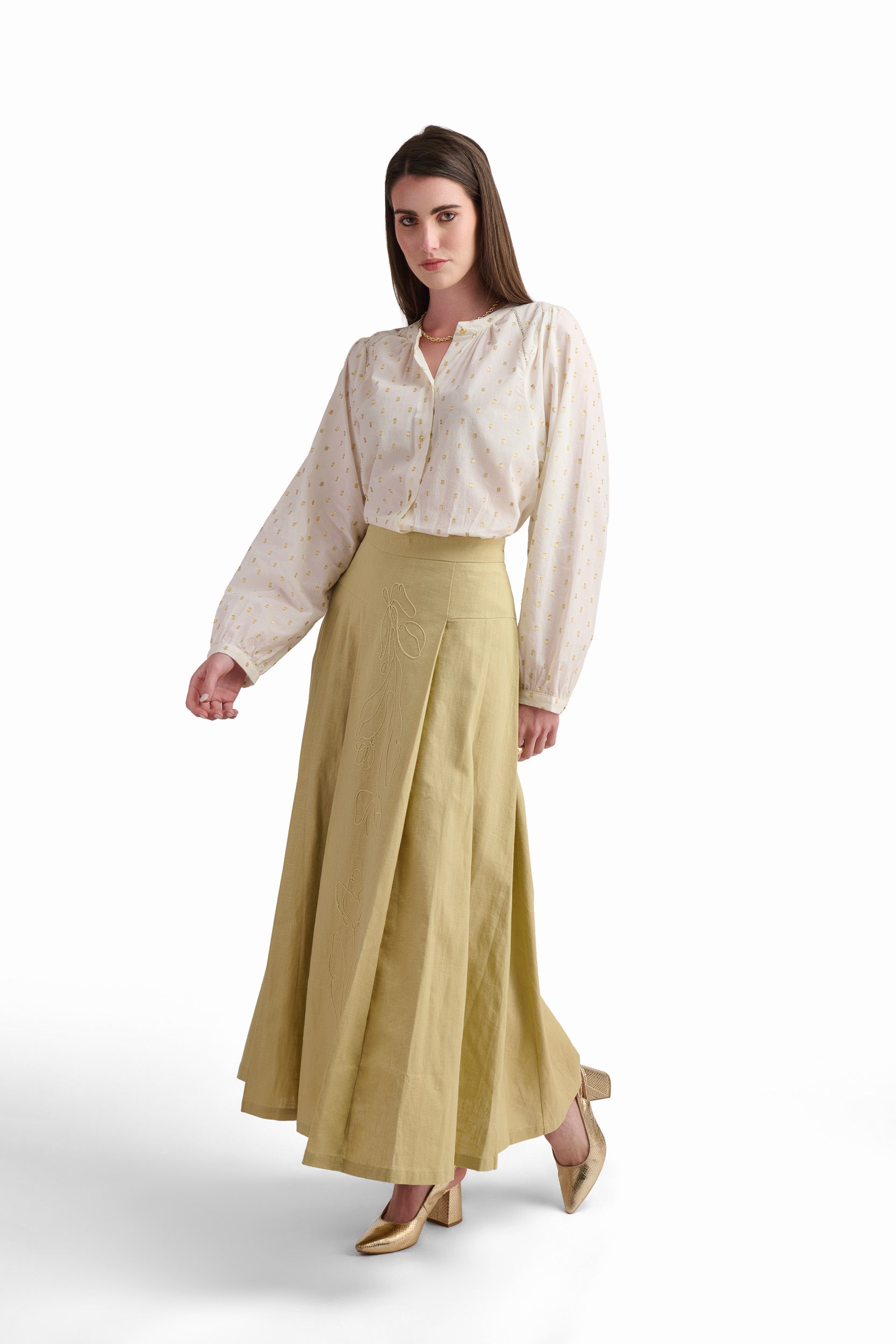 Embroidered Beige Maxi Skirt