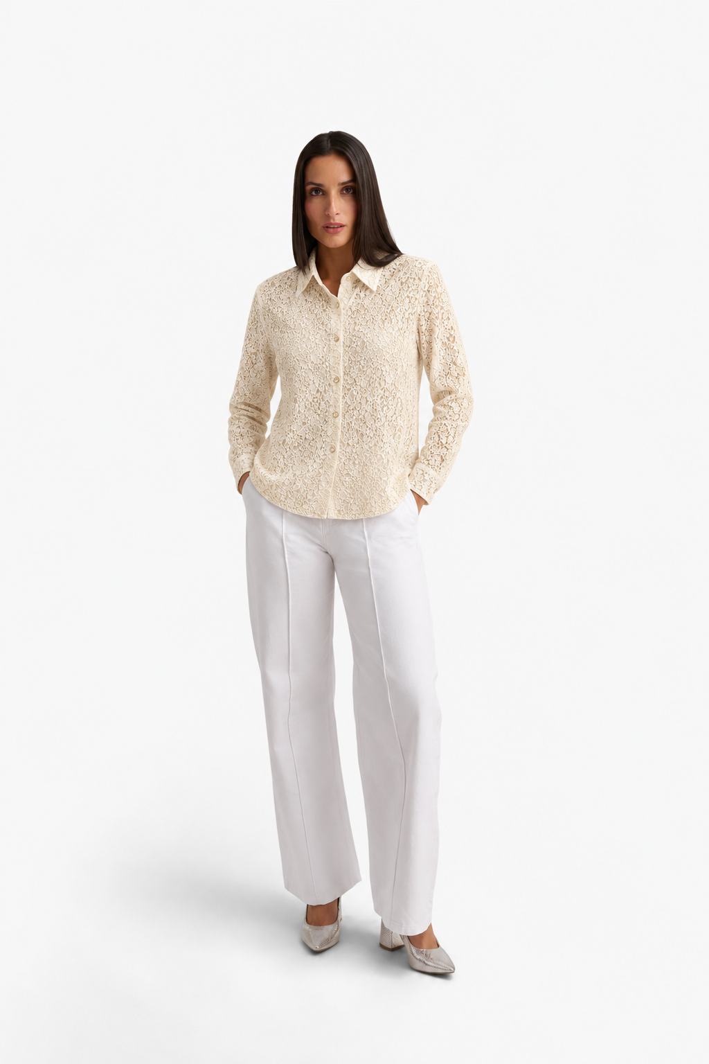 Beige Lace Button Shirt