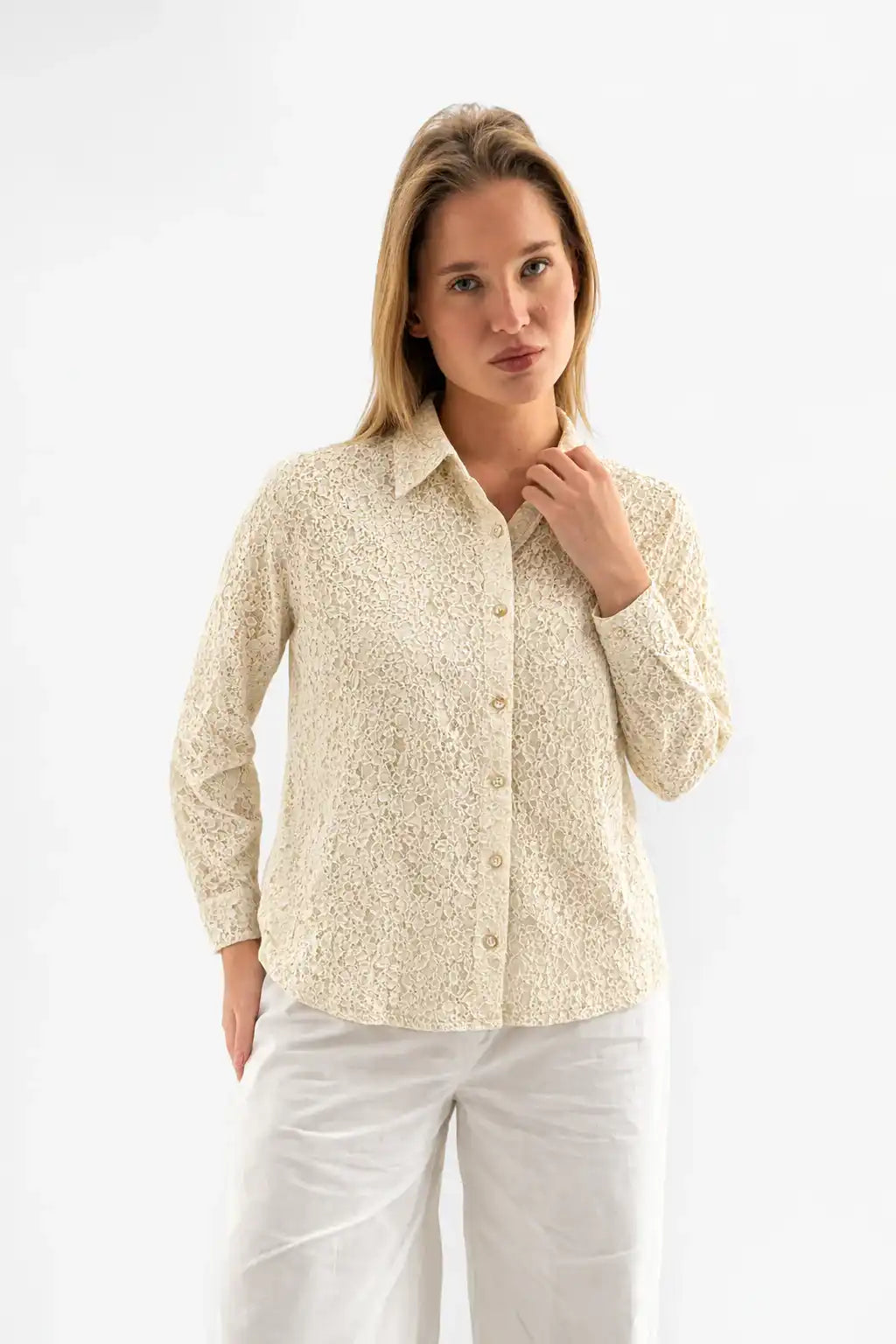 Beige Lace Button Shirt