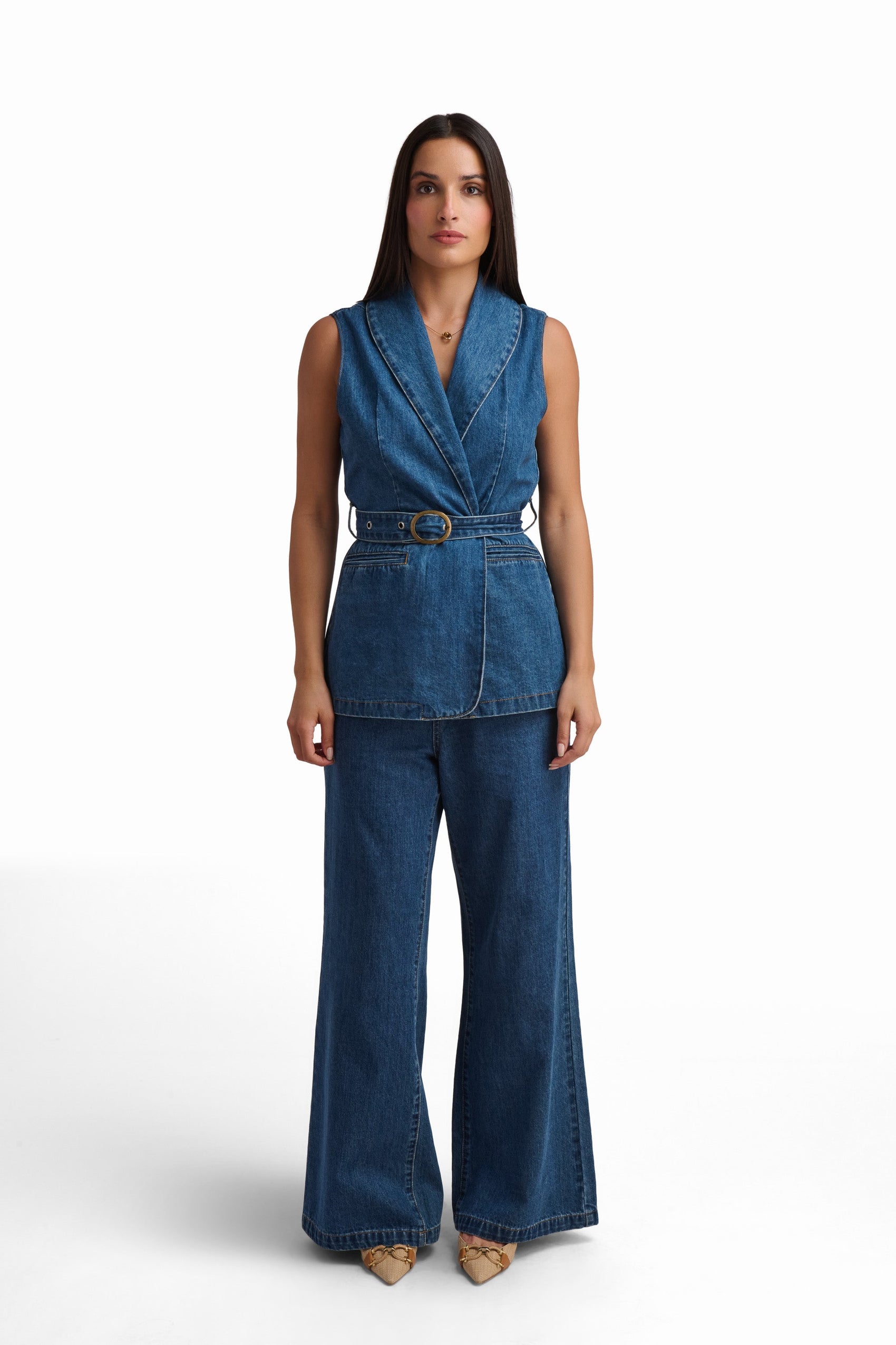 Denim Tailored Vest with Belt