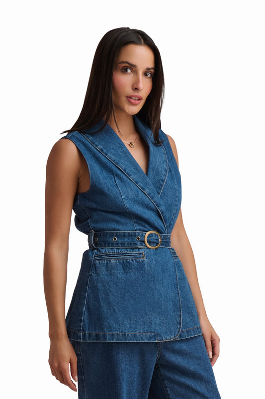 Denim Tailored Vest with Belt