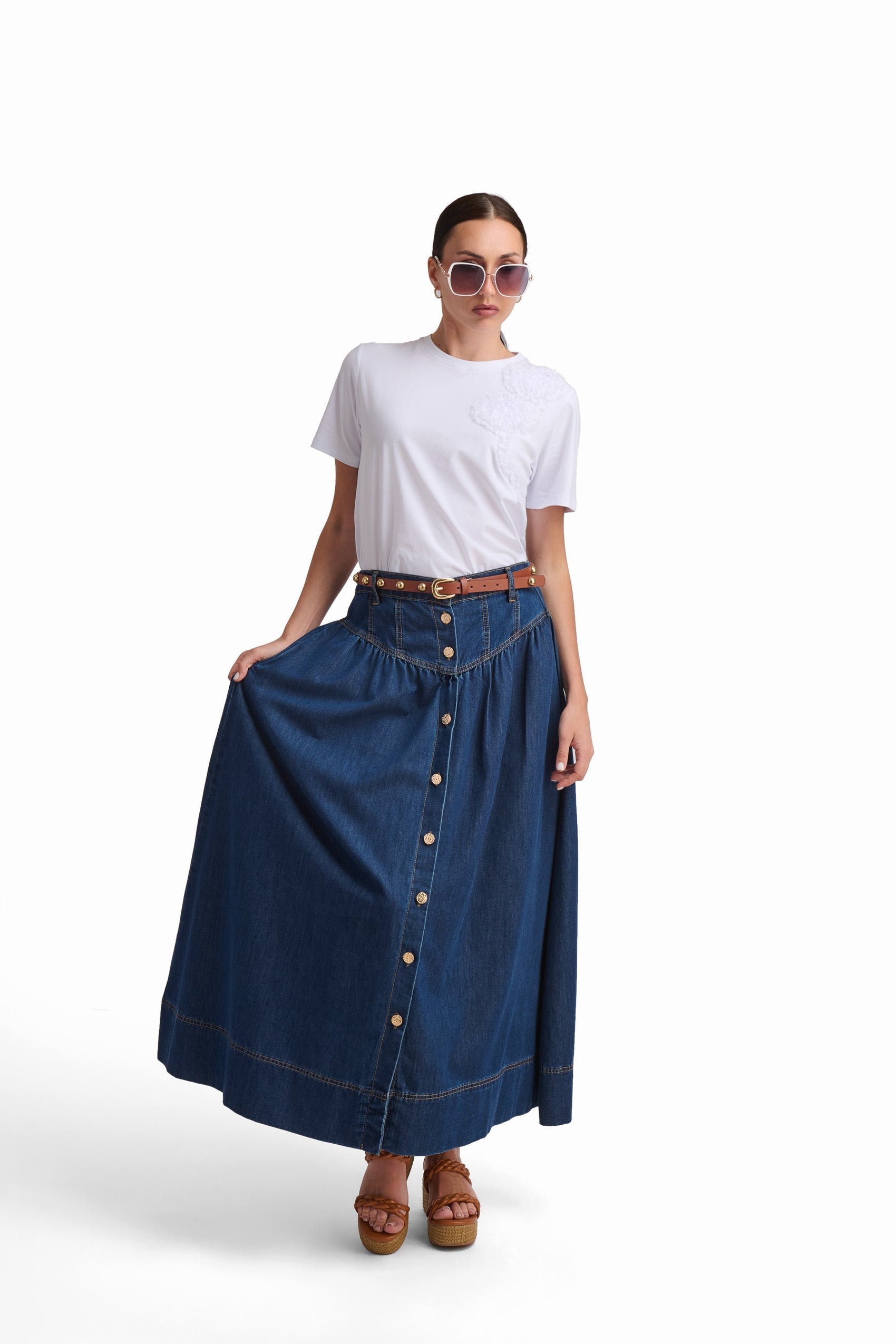 Indigo Button-Front Denim Maxi Skirt