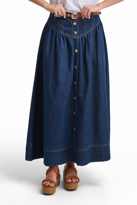 Indigo Button-Front Denim Maxi Skirt