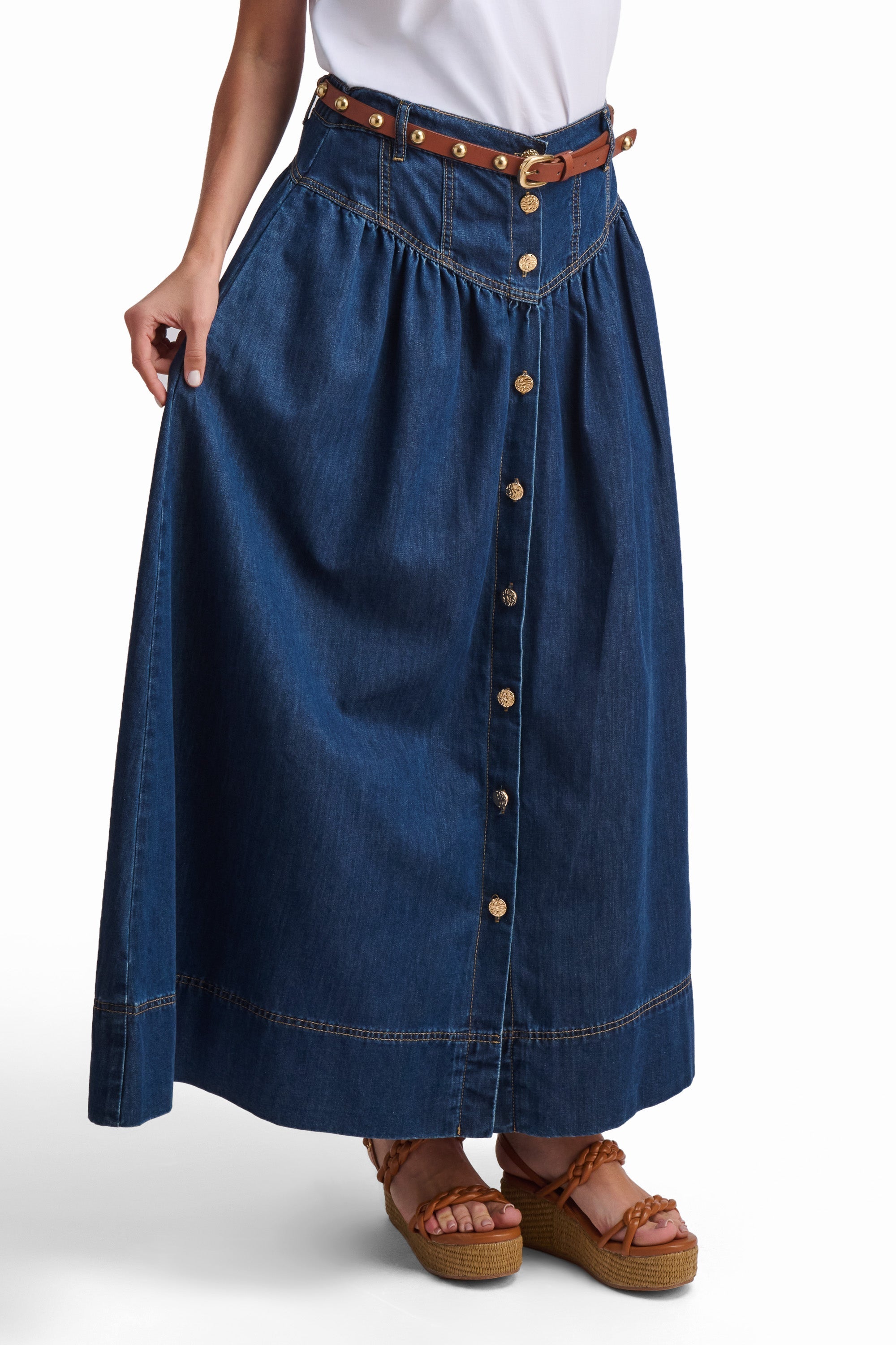 Indigo Button-Front Denim Maxi Skirt