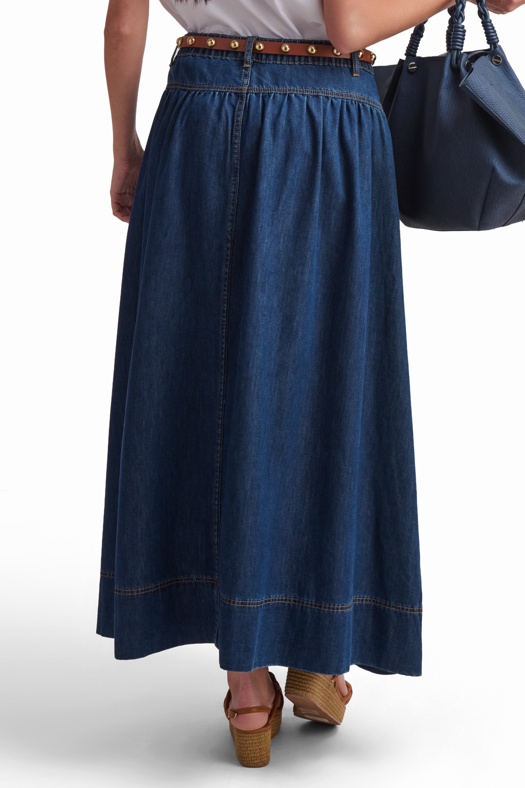 Indigo Button-Front Denim Maxi Skirt