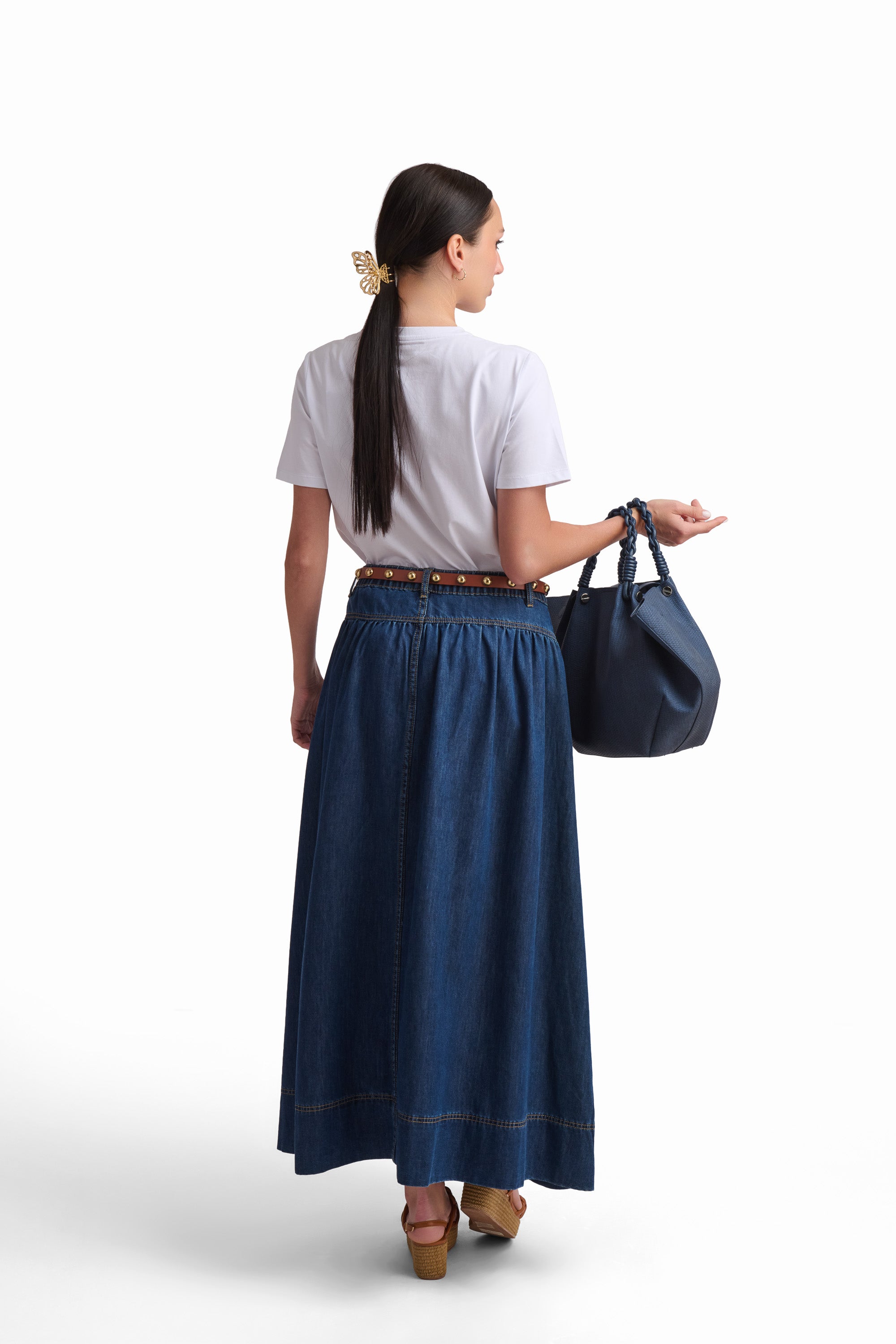 Indigo Button-Front Denim Maxi Skirt