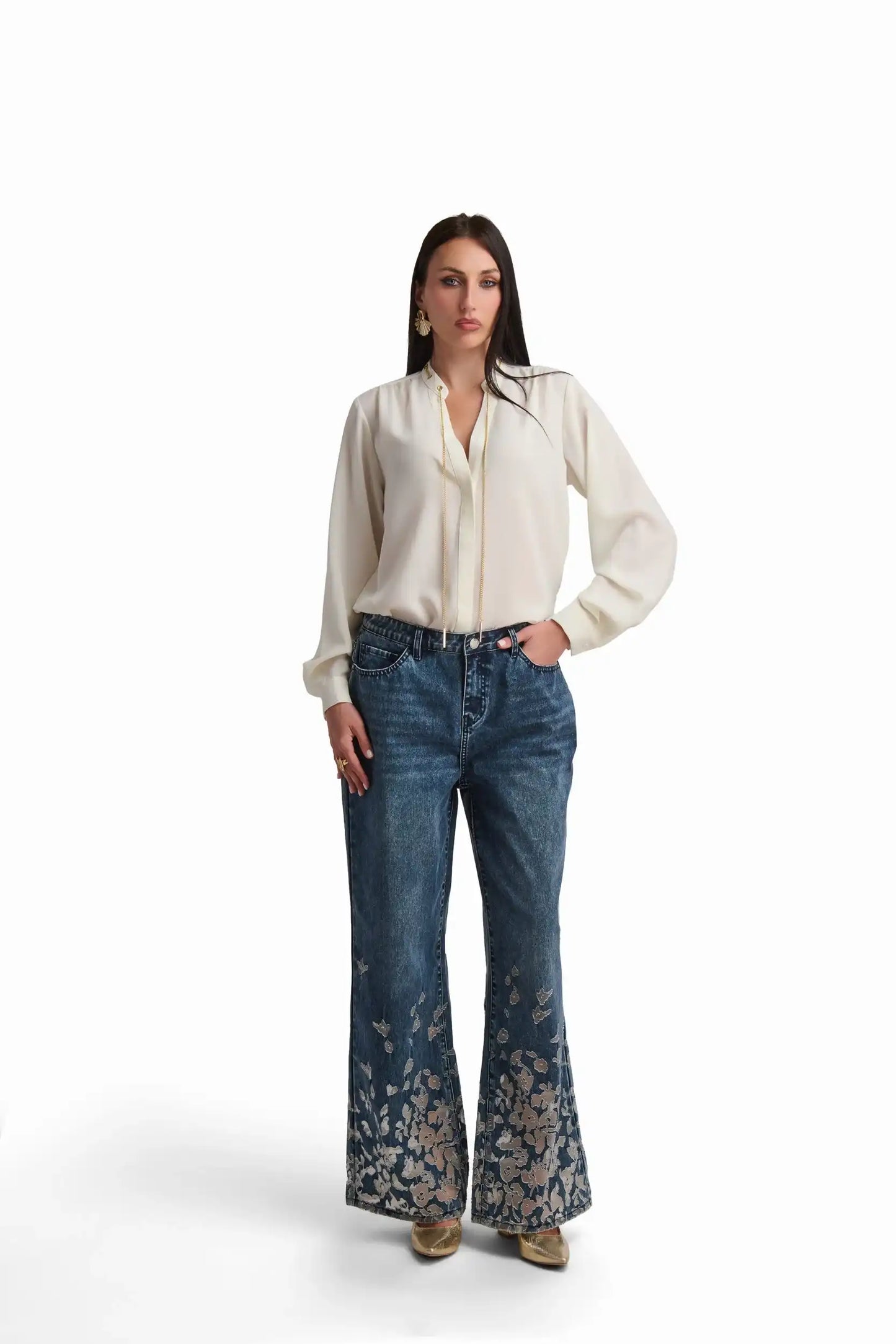 Embroidered Wide-Leg Denim Pants