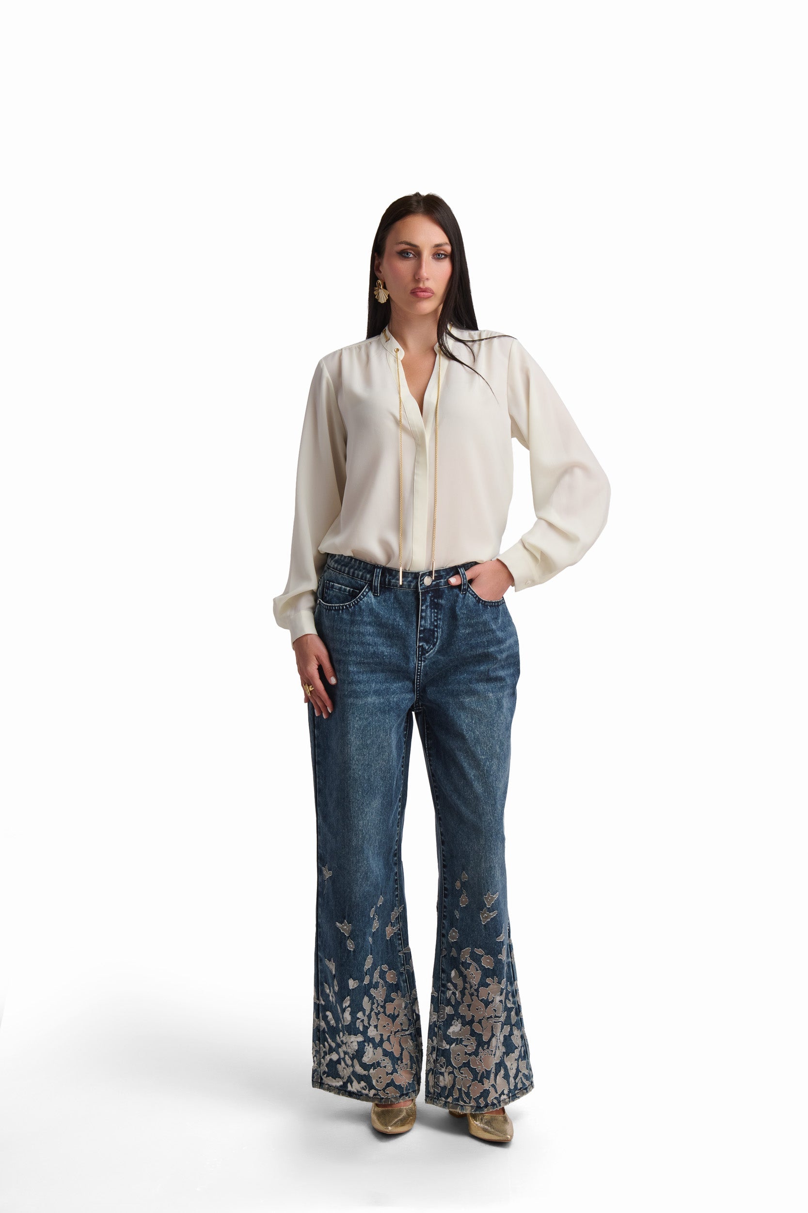 Embroidered Wide-Leg Denim Pants