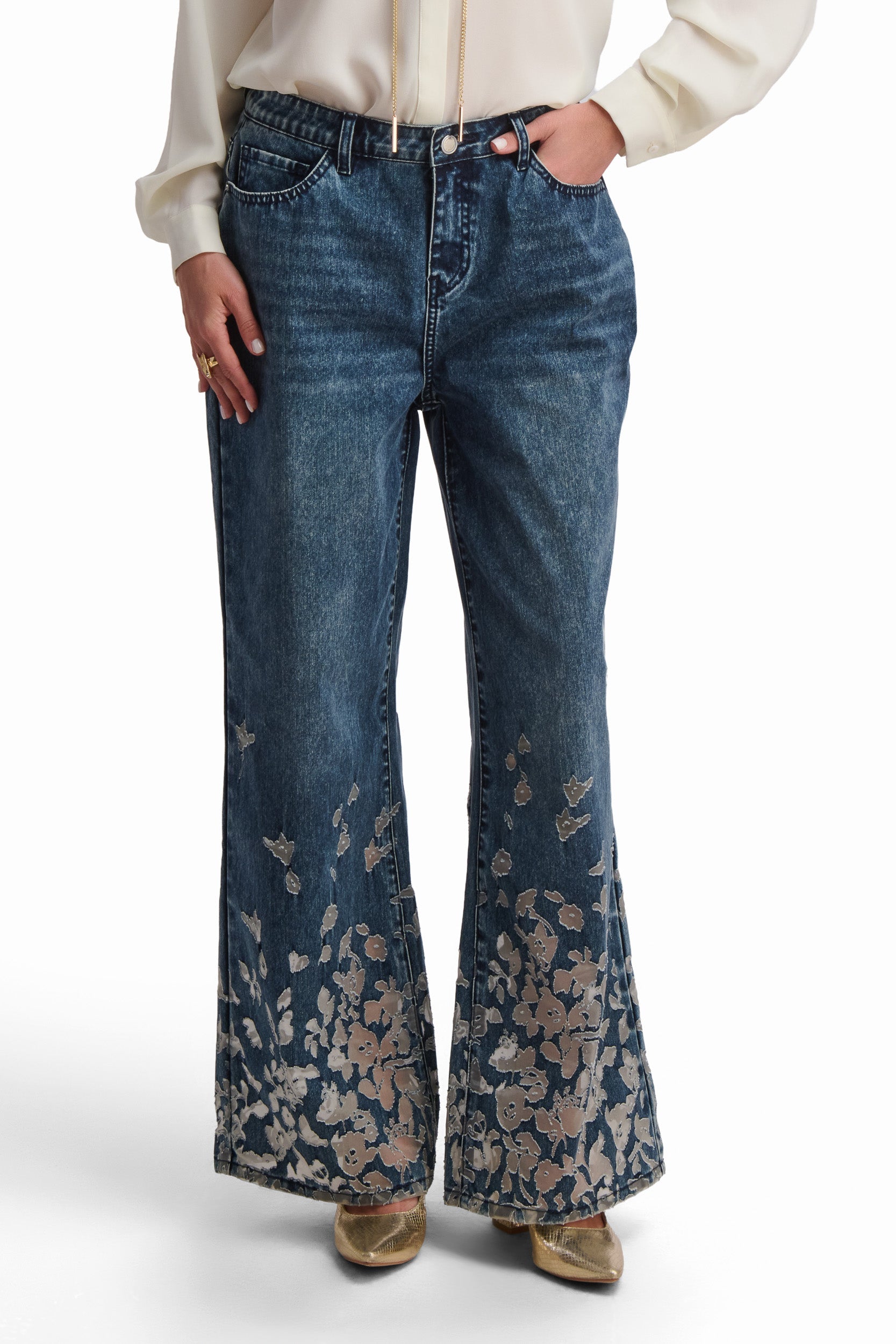 Embroidered Wide-Leg Denim Pants