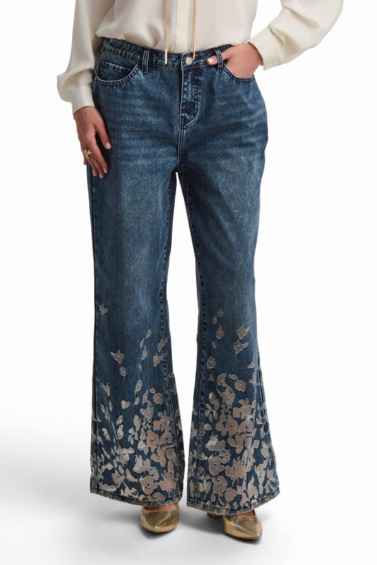 Embroidered Wide-Leg Denim Pants
