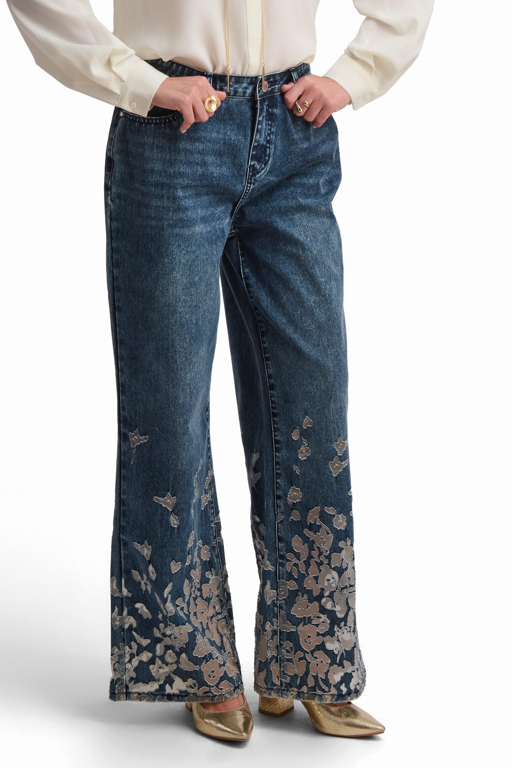 Embroidered Wide-Leg Denim Pants