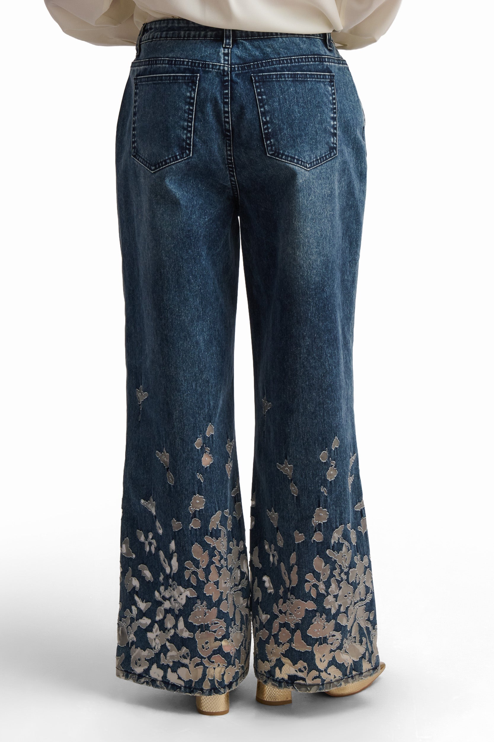 Embroidered Wide-Leg Denim Pants