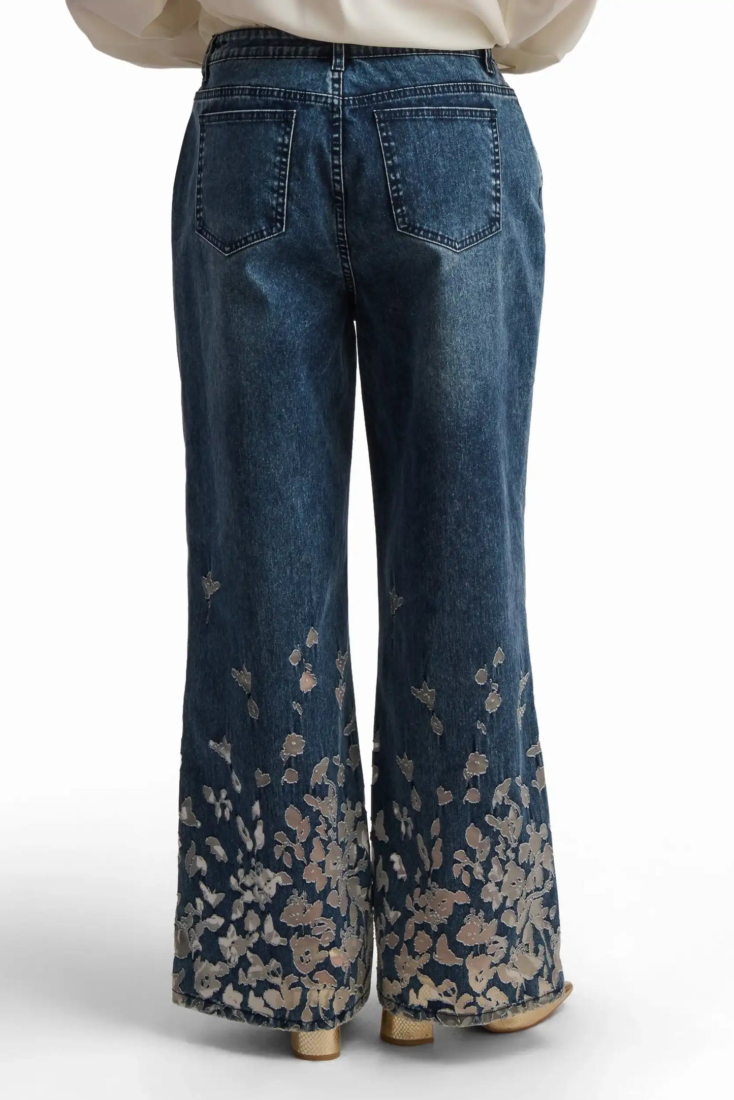 Embroidered Wide-Leg Denim Pants
