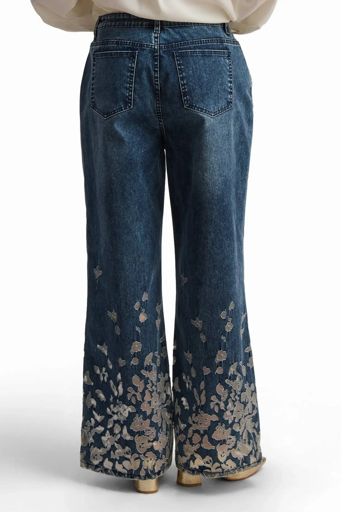 Embroidered Wide-Leg Denim Pants