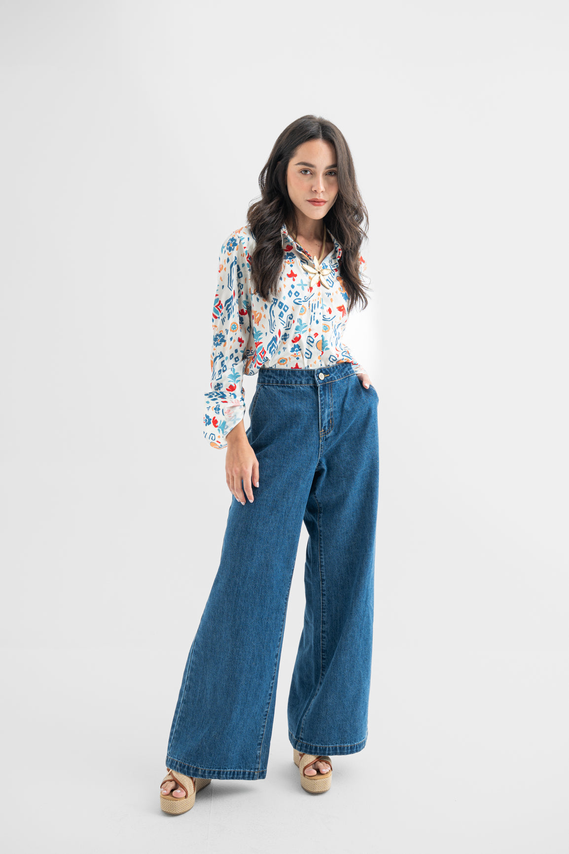 Classic Blue Wide-Leg Cotton Denim Jeans