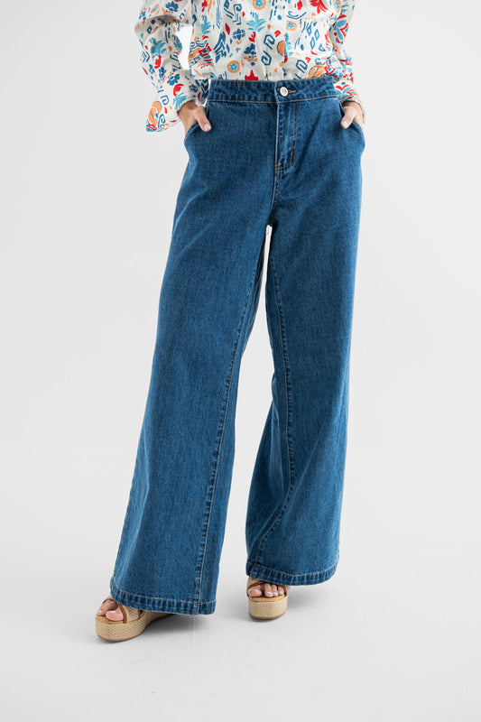 Classic Blue Wide-Leg Cotton Denim Jeans