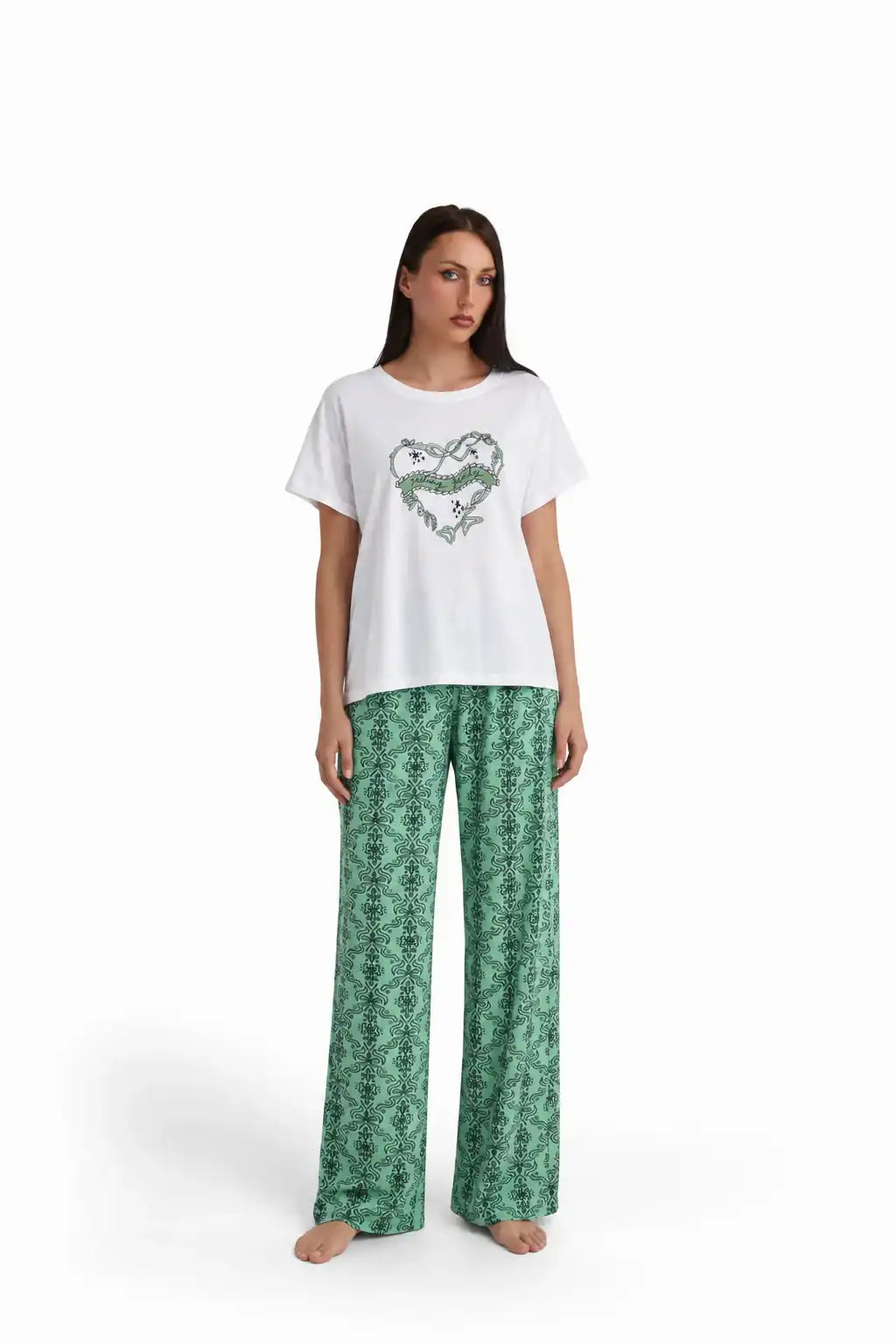 Floral Heart Print Full Pajama Set