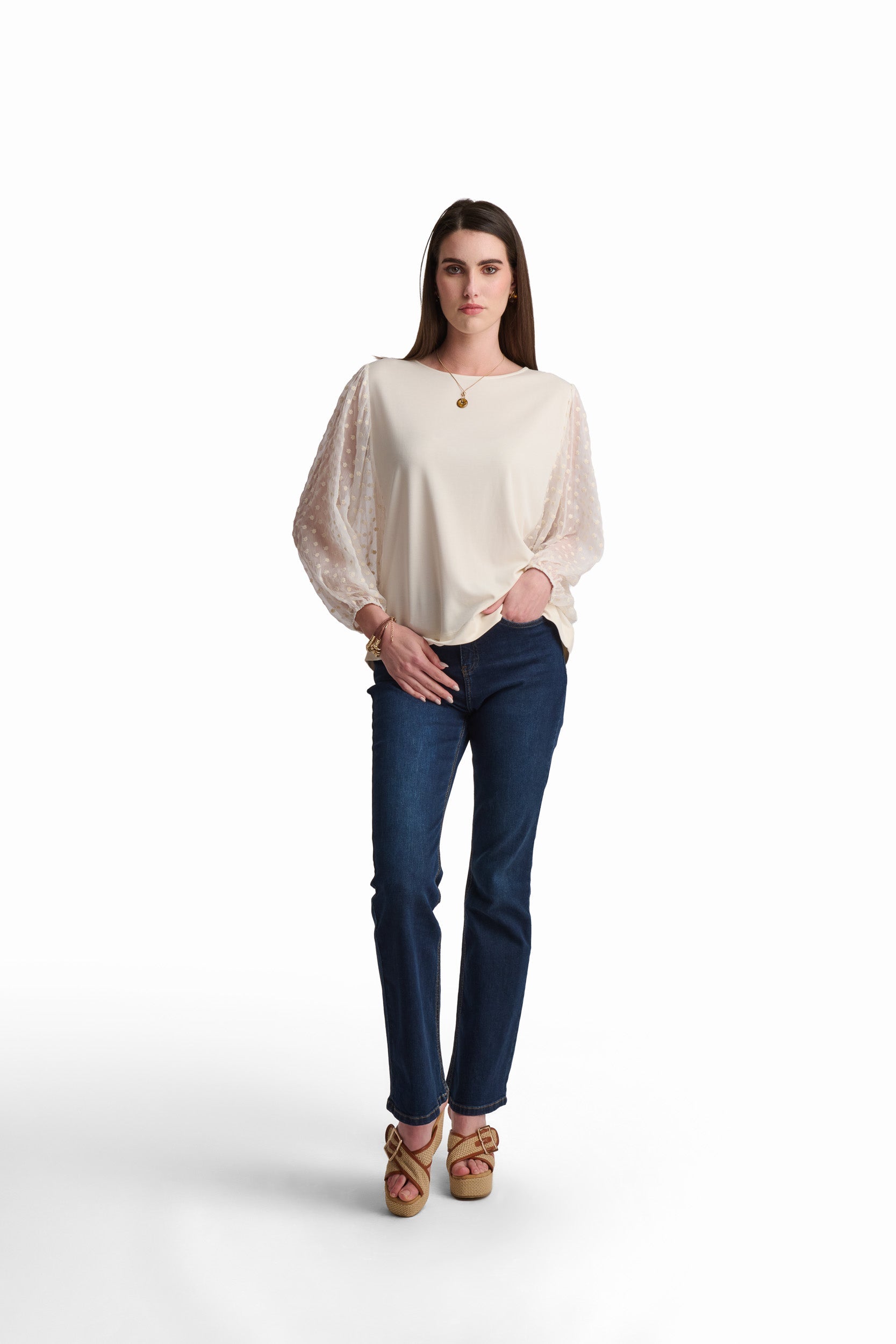 Cream Mixed-Fabric Elegant Top