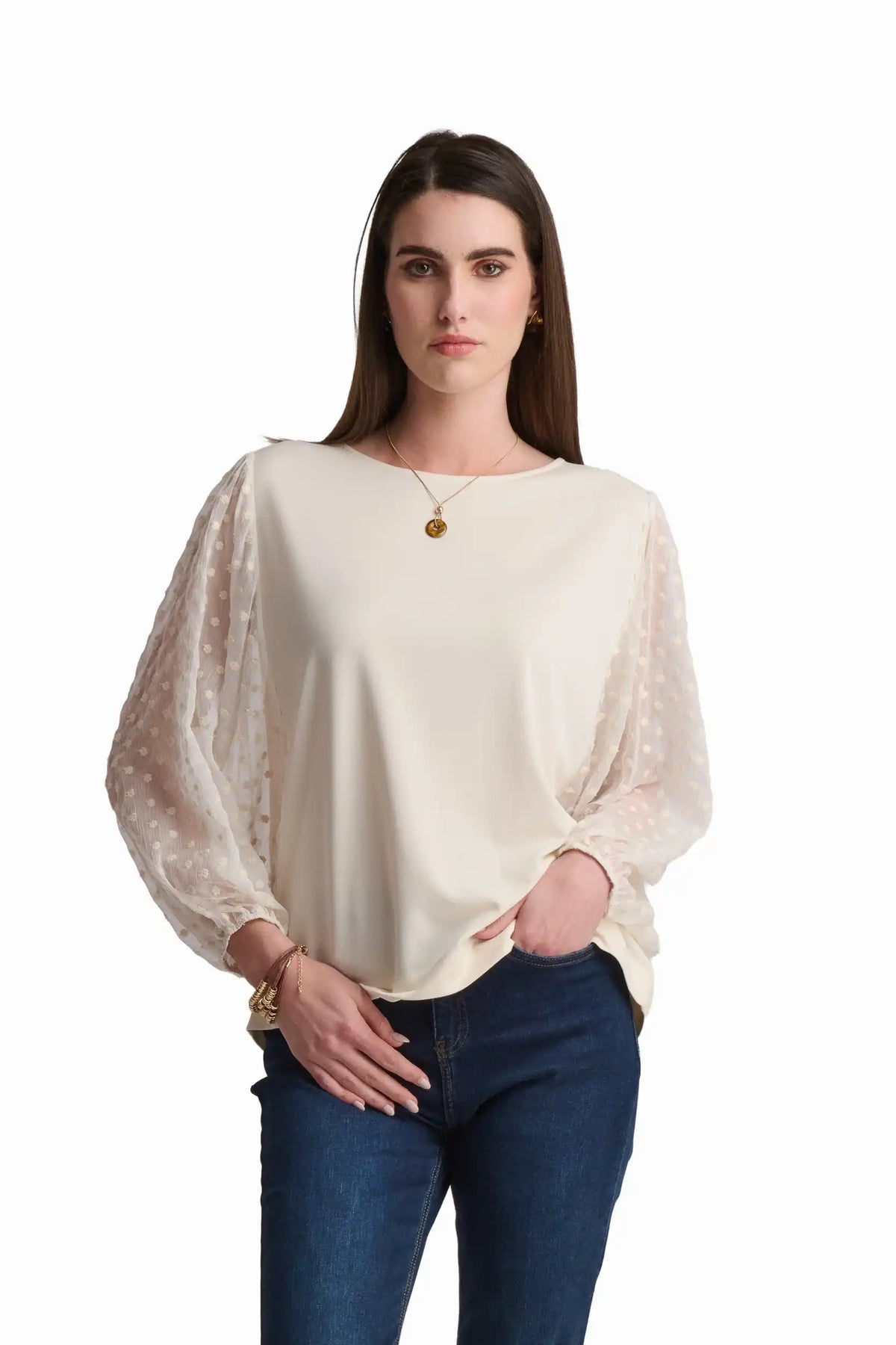 Cream Mixed-Fabric Elegant Top