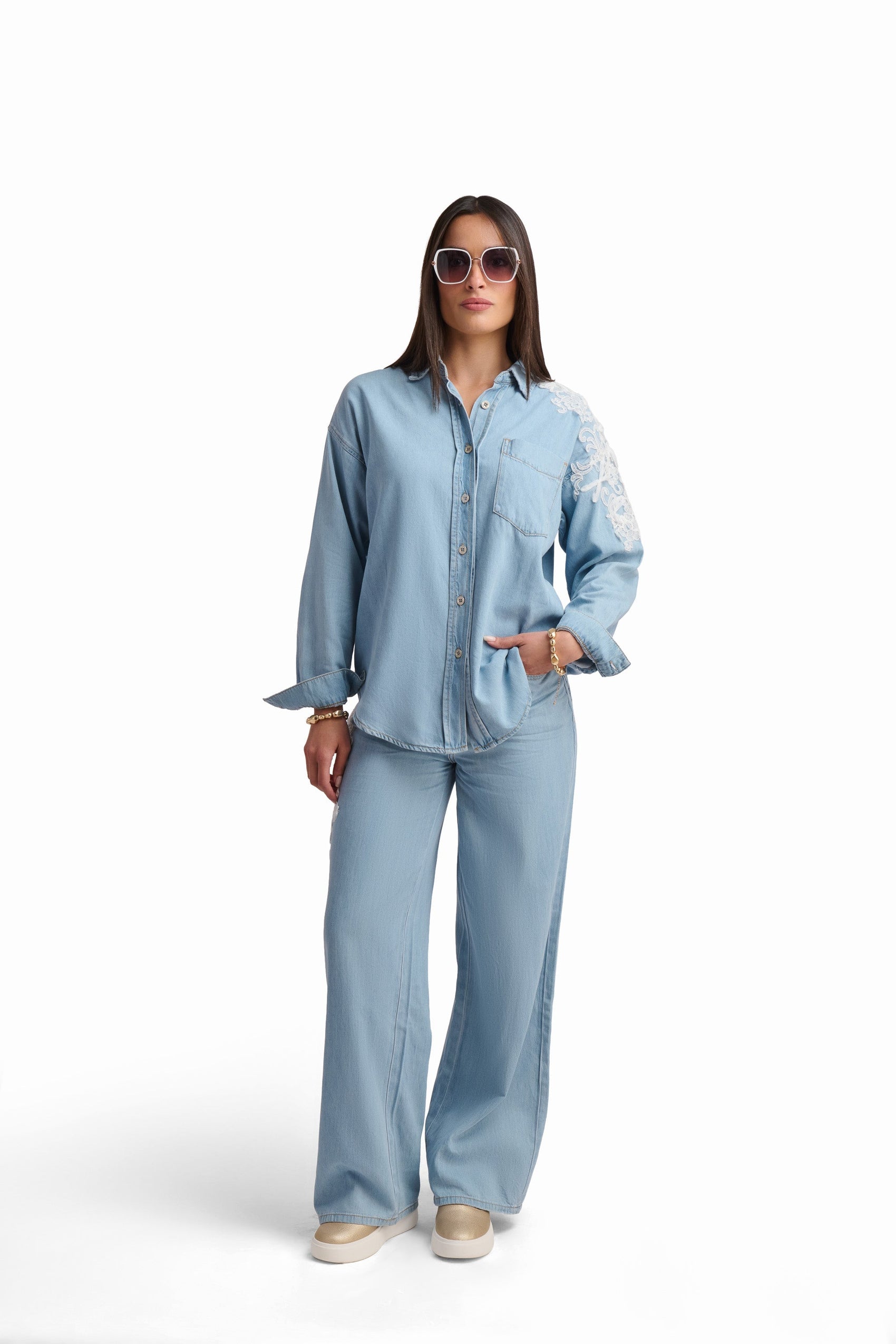 Light Blue Denim Shirt with Lace Detail